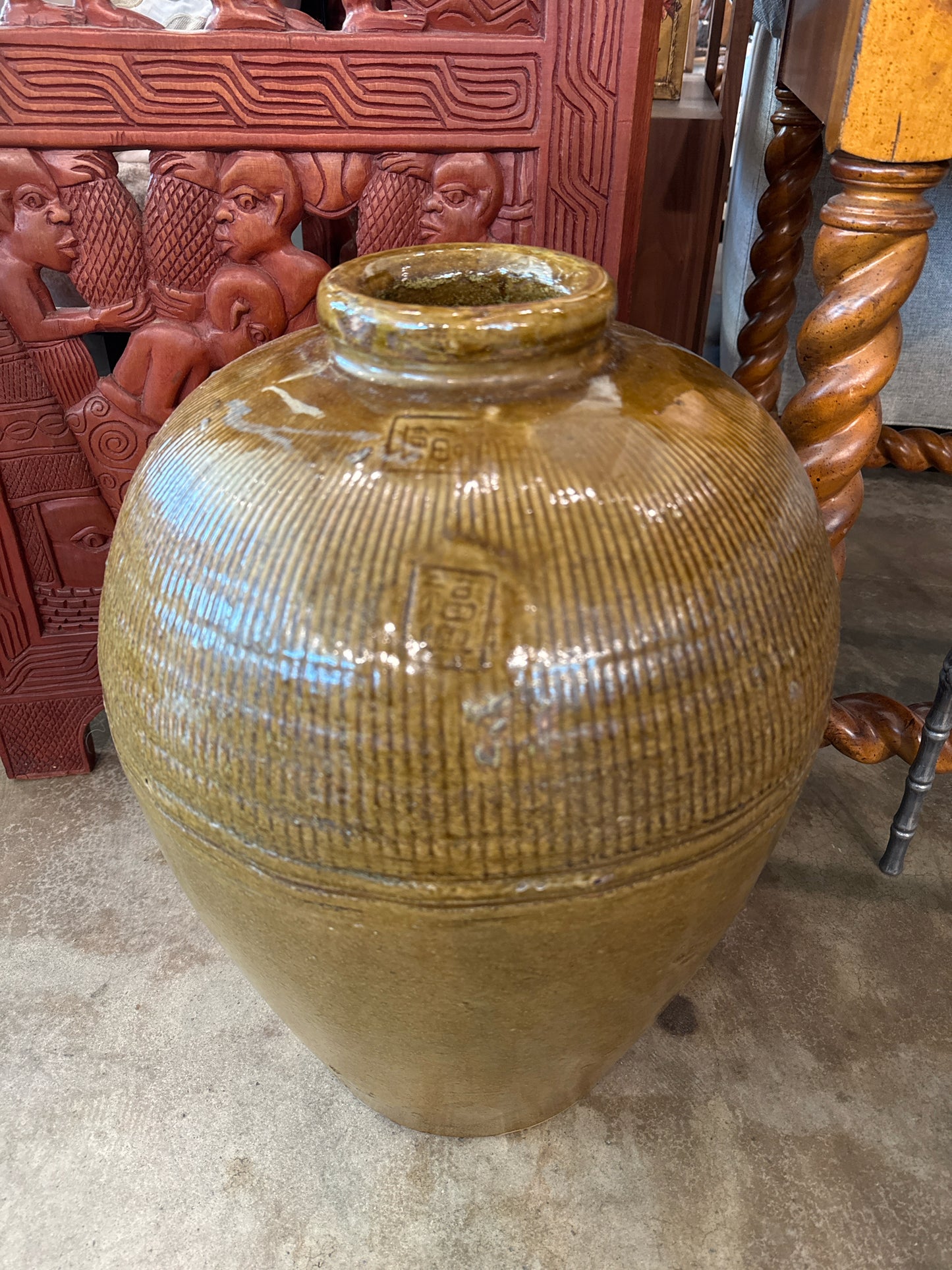 Antique Chinese Ceramic Pot in Gold/Olive Color, 20"