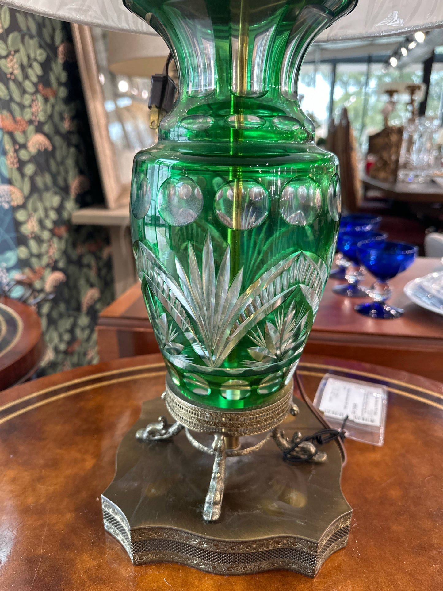 PAIR Vintage Green Glass Lamps w/ Brass Filligree Bases (Shades Separate)