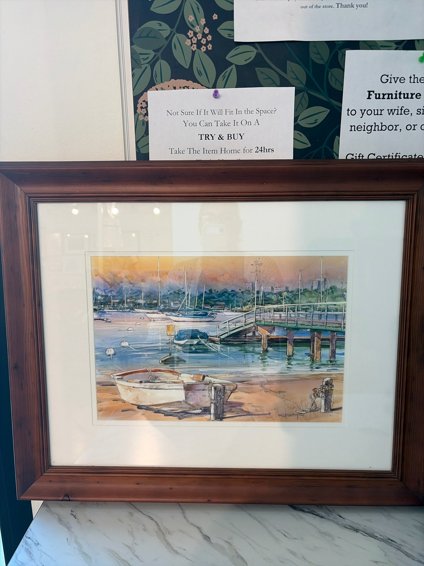 Original Signed Watercolor-Southern Cali Marina in Wood Frame (26x21)