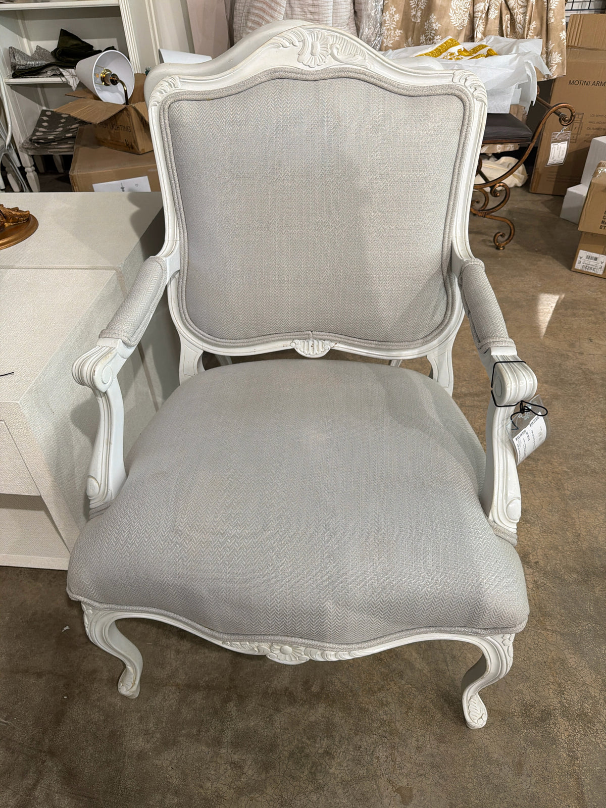 White Bergere Chair w/ Gray Upholstery (some spotting on wood)