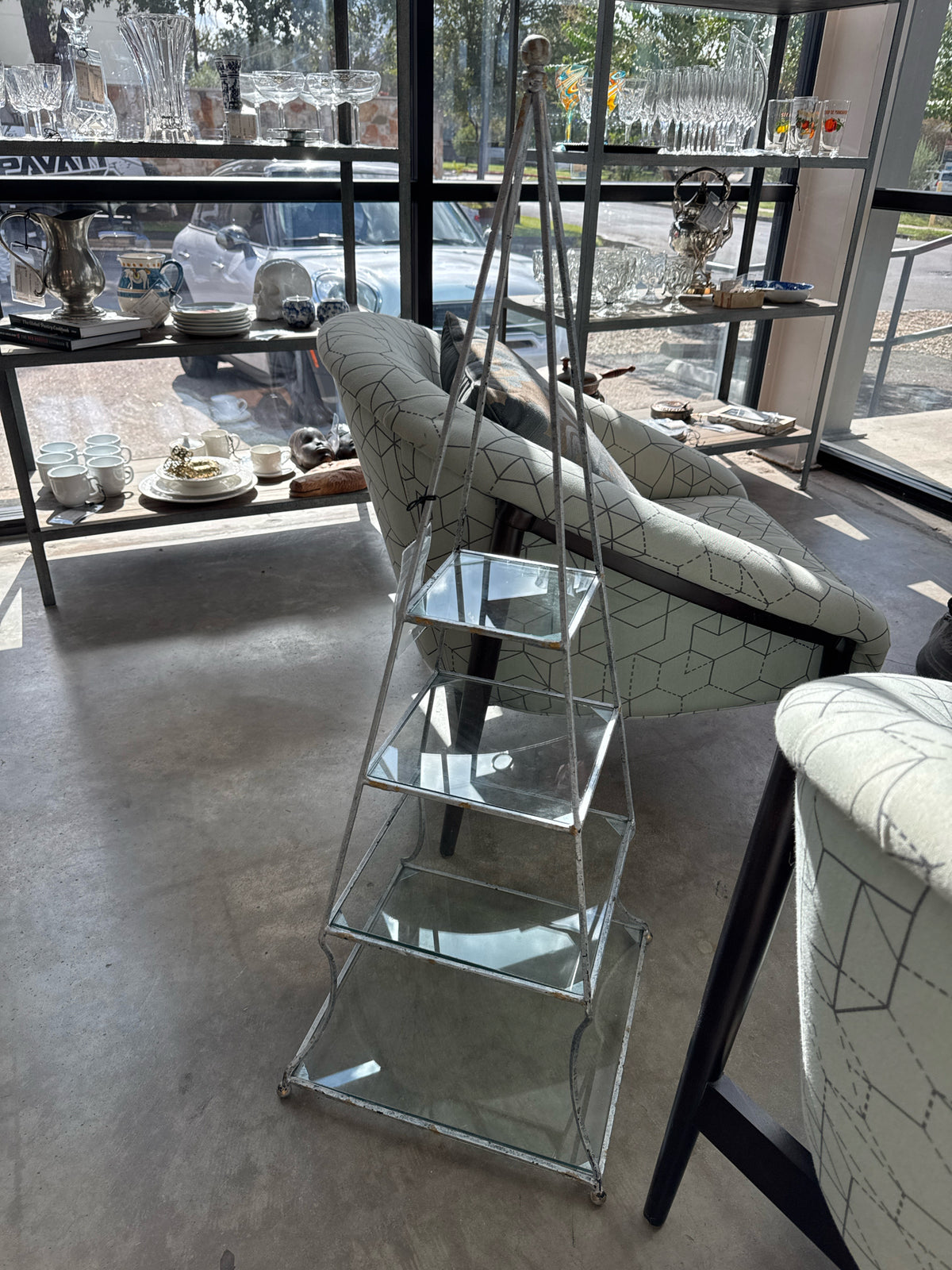 Silver Pyramid Etagere with Four Glass Shelves, 44"