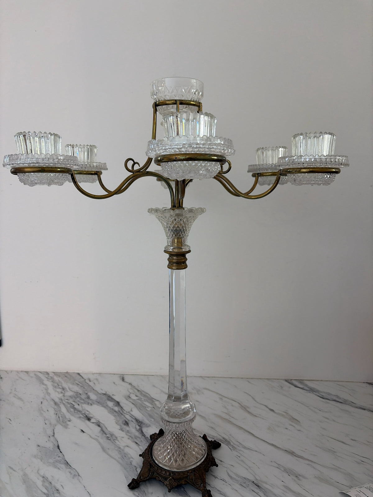 S. Clark's Stamped Cut Crystal Cricklight Antique Candelabra 19c w/ Brass Cloven