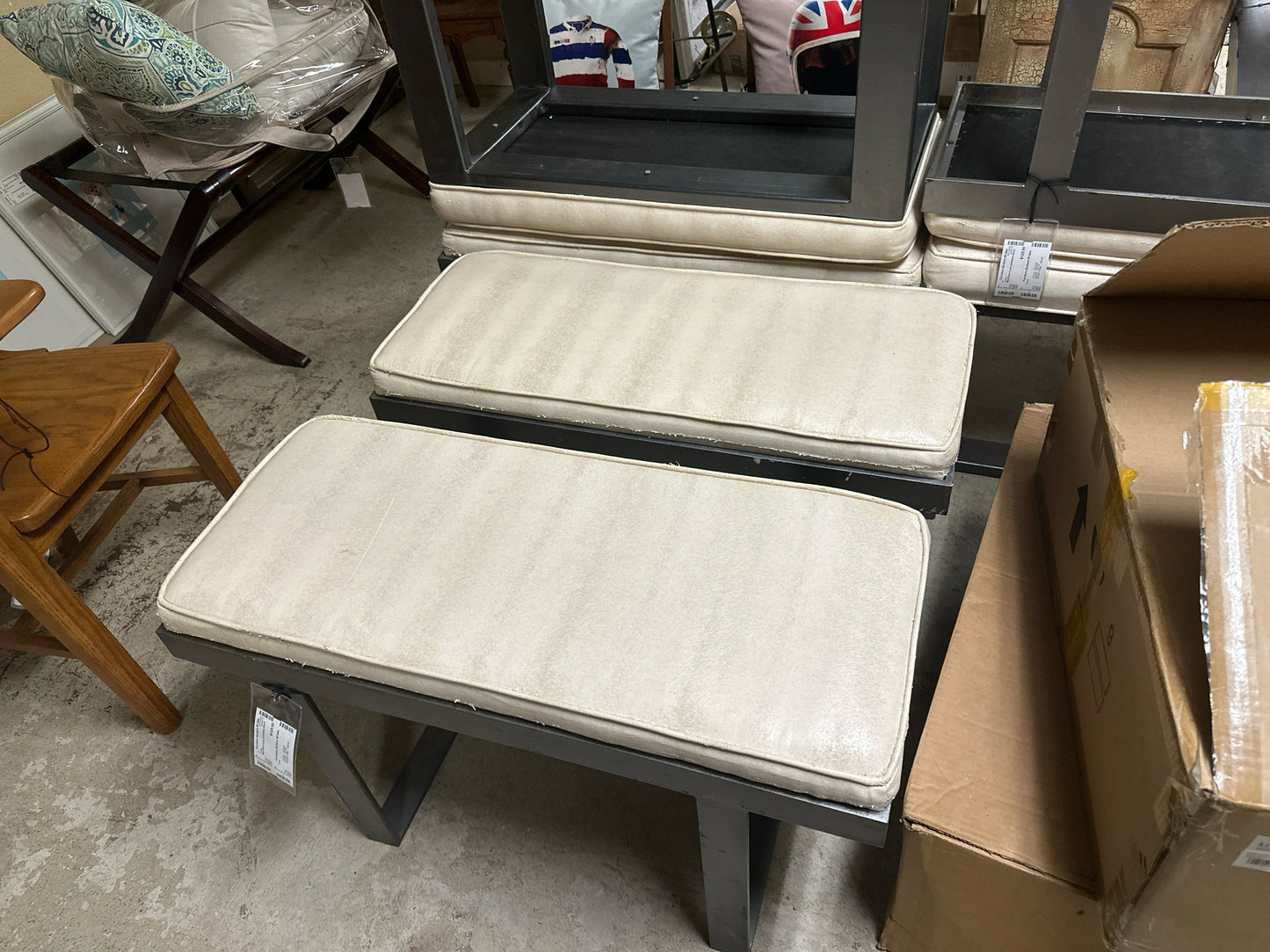 Metal Base Cream Upholstery Bench
