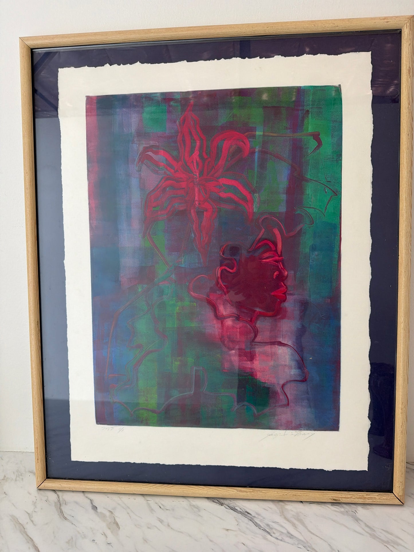 Modernist Monoprint of Woman & Flower by Jacqueline Tracy 26.5 X 32.75
