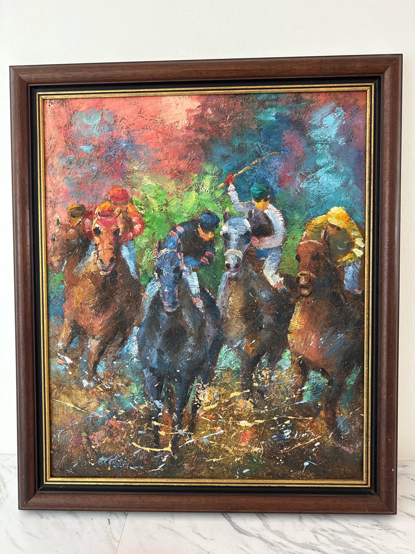 Original Oil on Canvas of Horse Race (artist signed, 28" x 24")