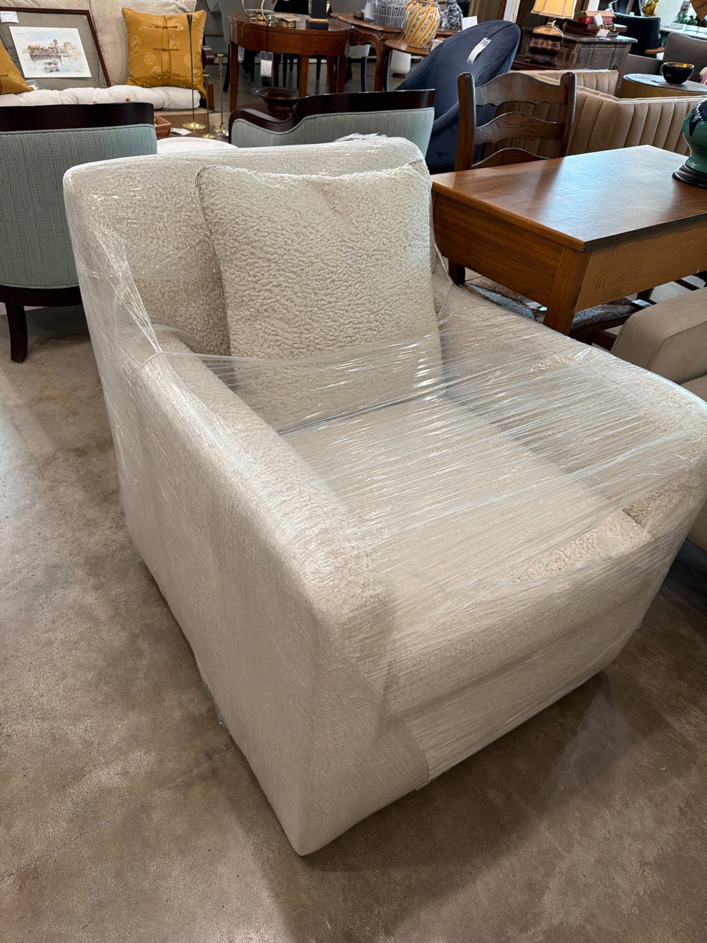 Contemp. Arm Chair Cream Boucle Upholstery w/ Pillow