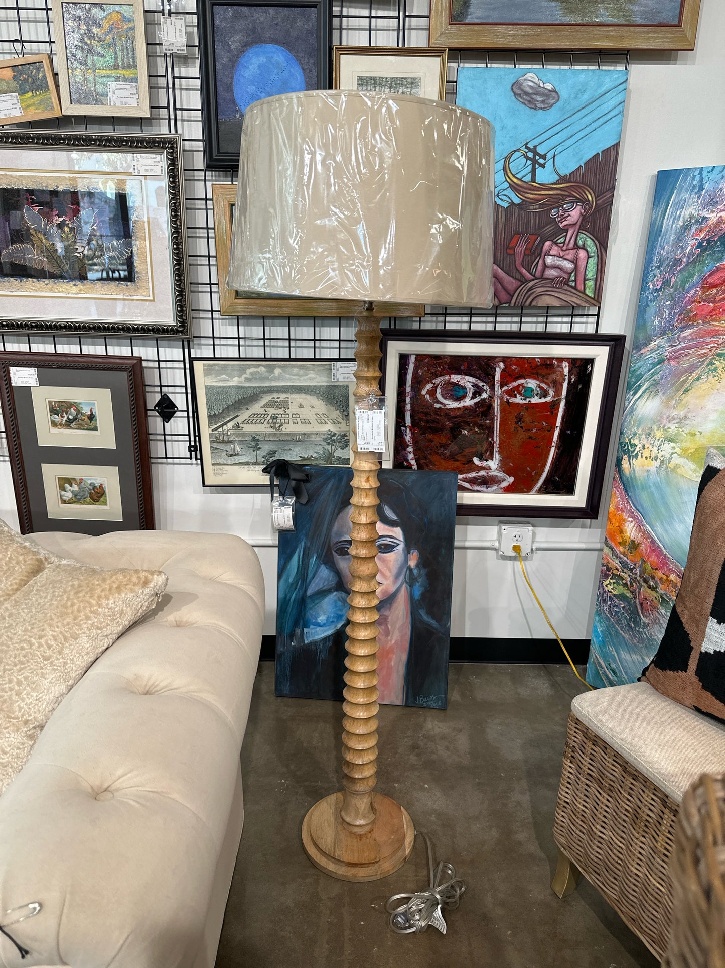 PB Wood Stacked Floor Lamp w/ Tan Shade