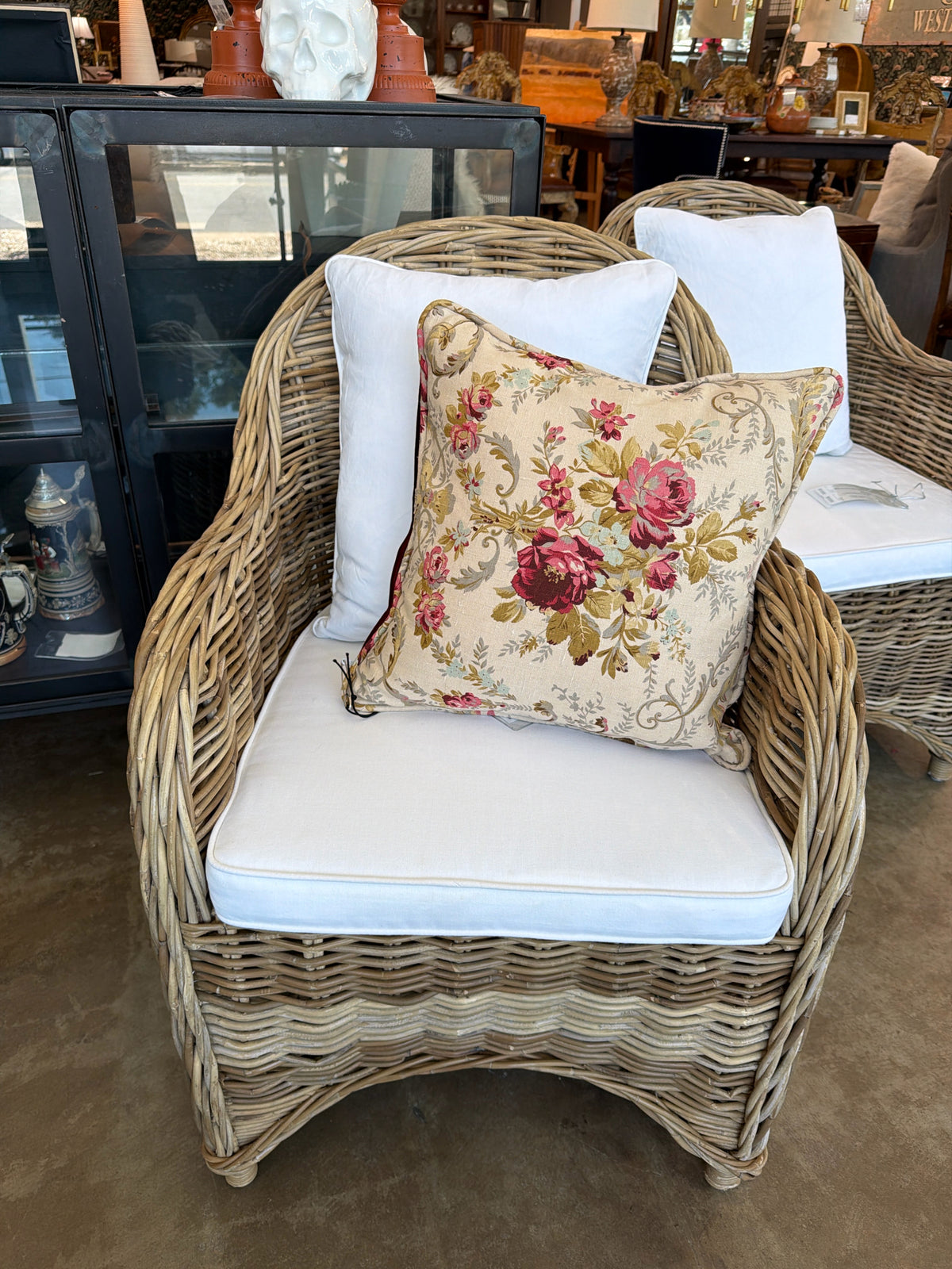 Birch Lane "Attina" Wicker Chair w/ White Custom Cushion & Pillow