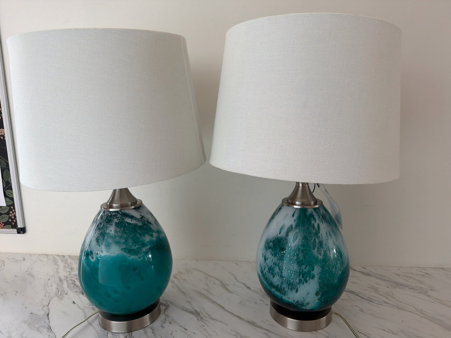 PAIR Green Swirl Glass Lamps w/ White Shades