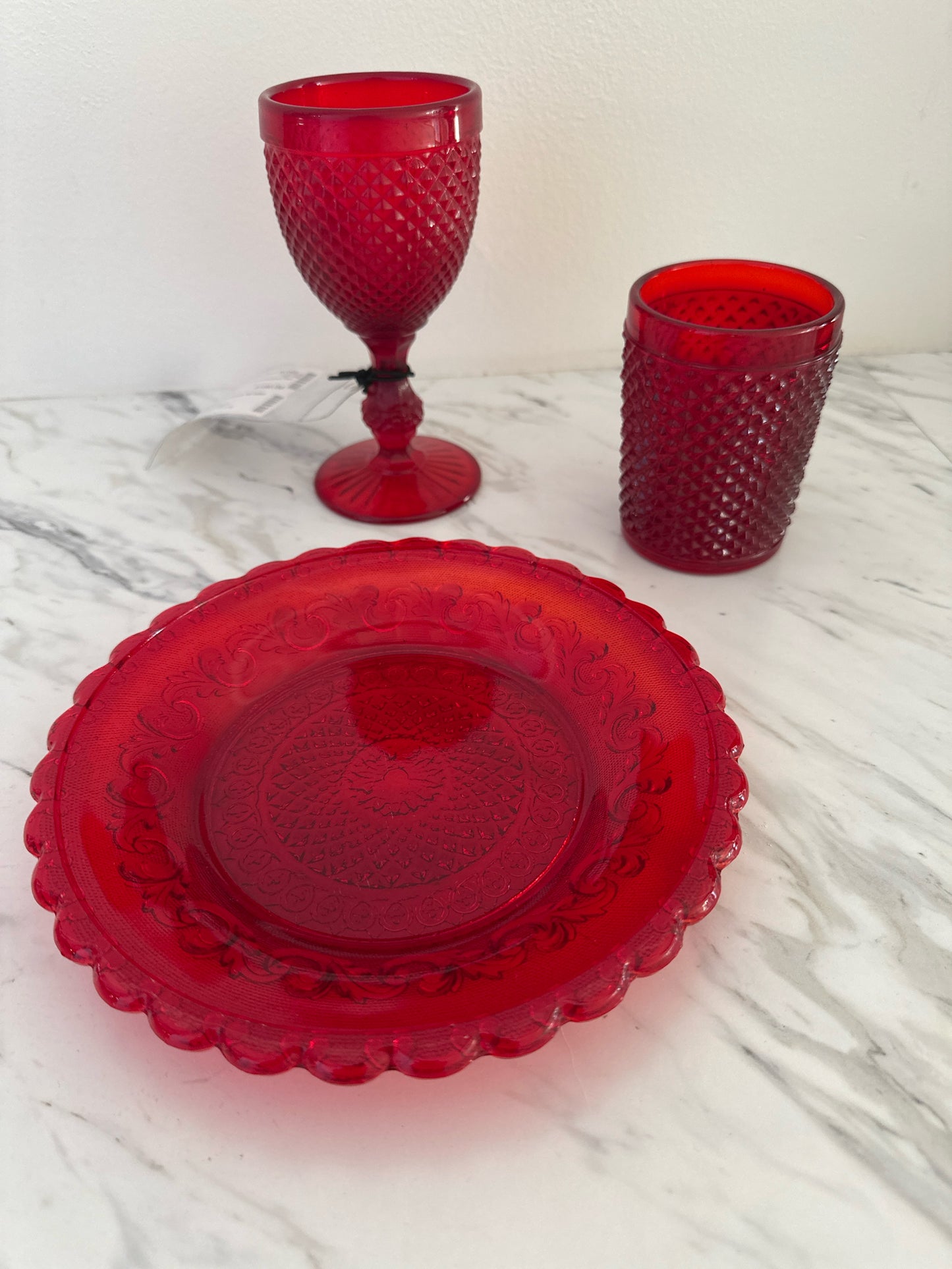 SET of 12 Glasses/Plates/Goblets Red Hobnob Glass