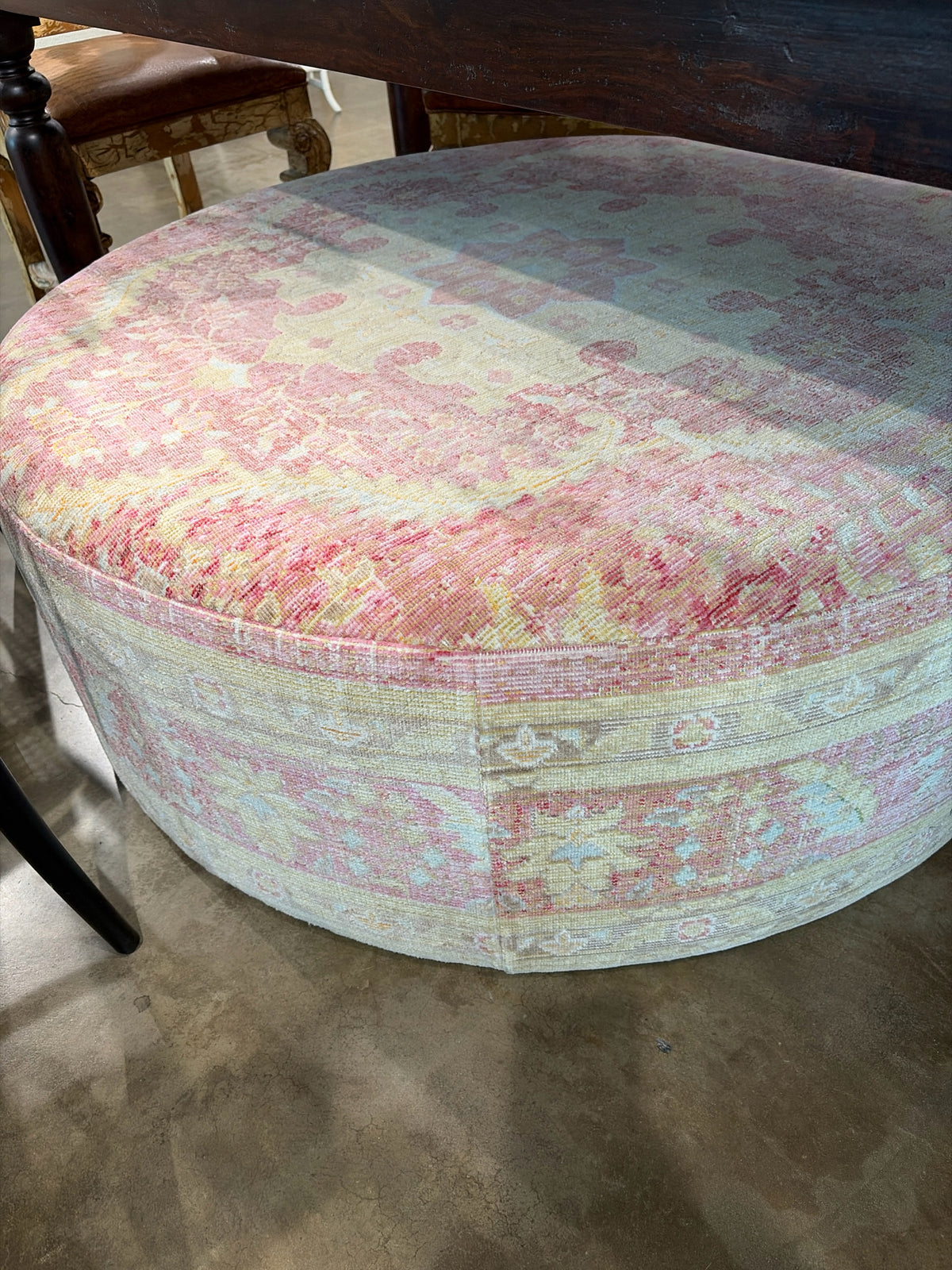 Pink/Yellow Rug Look Round Ottoman 47d X 16h