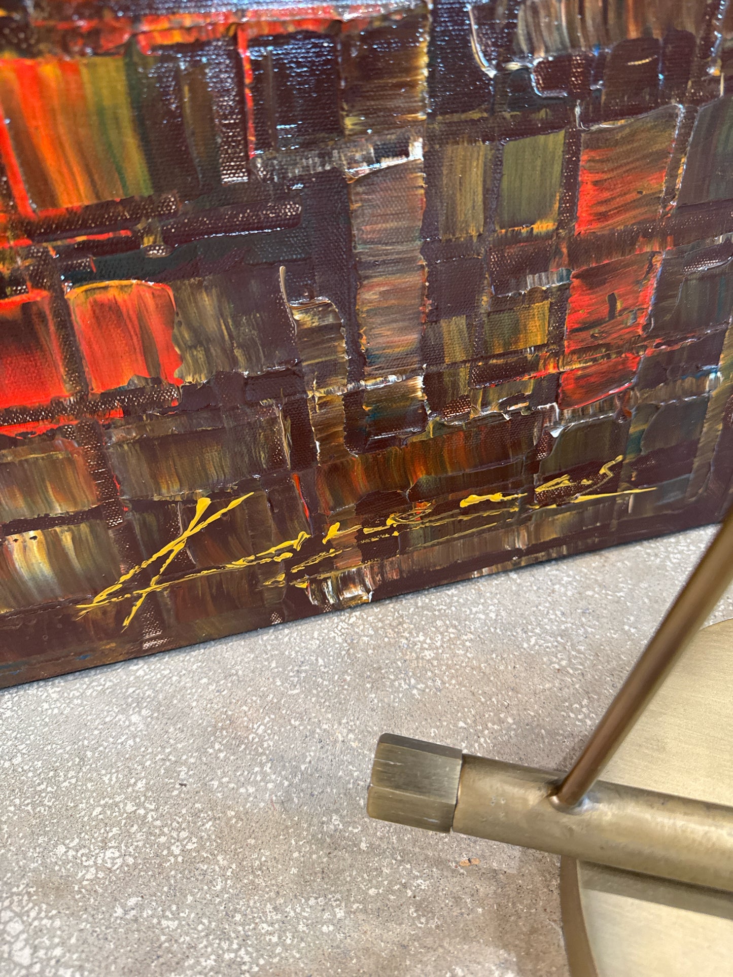 Set of 3 Original Oil Abstracts of Gold/Red/Black Cubes (signed, each 24x36")
