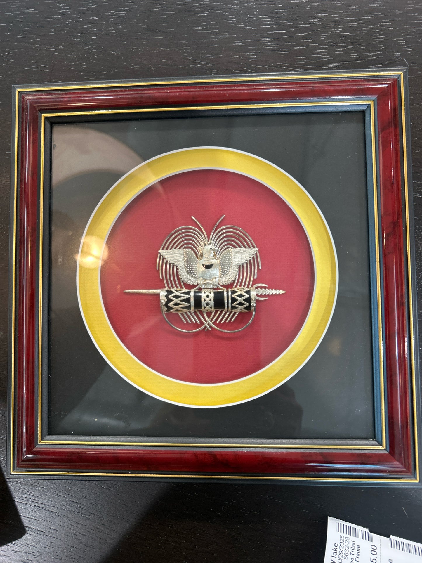 Shadowbox Style- Silver Filigree Tribal Emblem w/Black Matting & Red Frame (9"