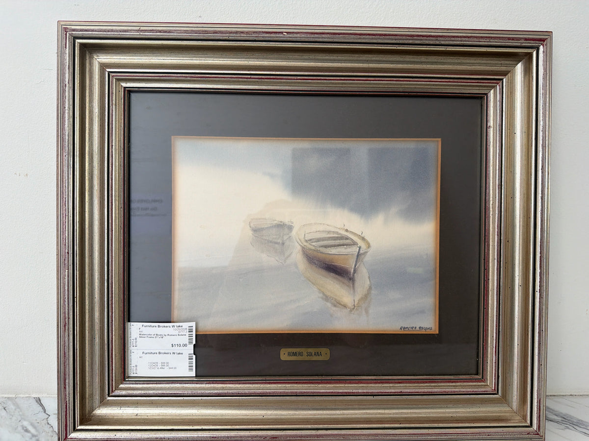 Watercolor of Boats by Romero Solana Silver Frame 21"x18"