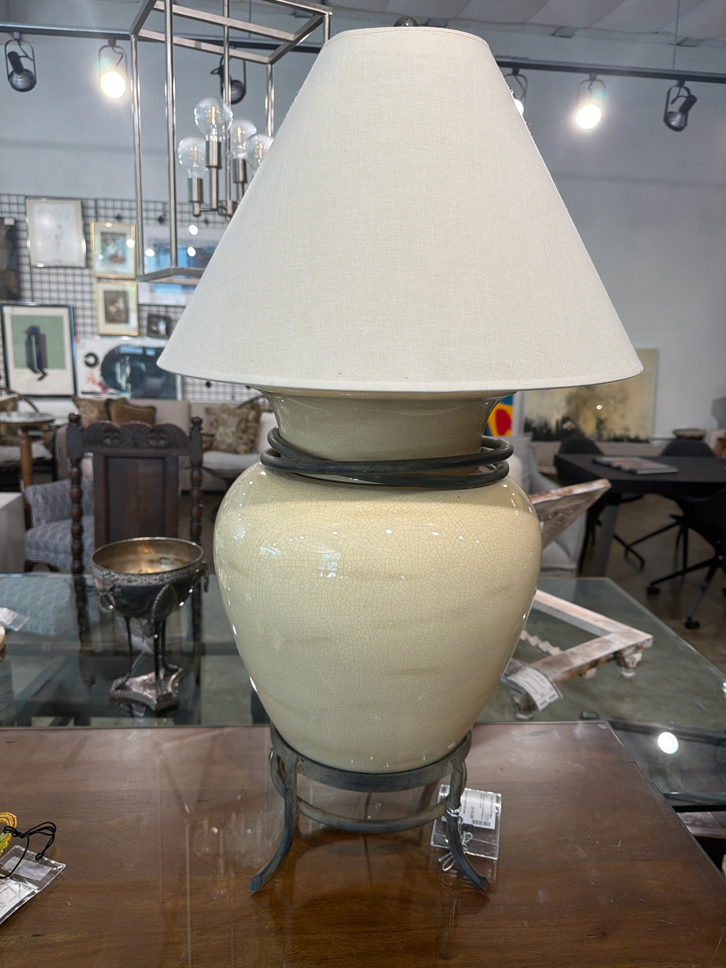 Cream Ceramic Lamp w/ Metal Rings on Metal Base w/ Cone Shade
