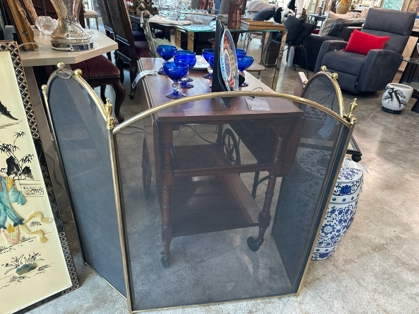 Brass Fireplace Screen Rounded Top Black Mesh Face (102"W x 35" H)