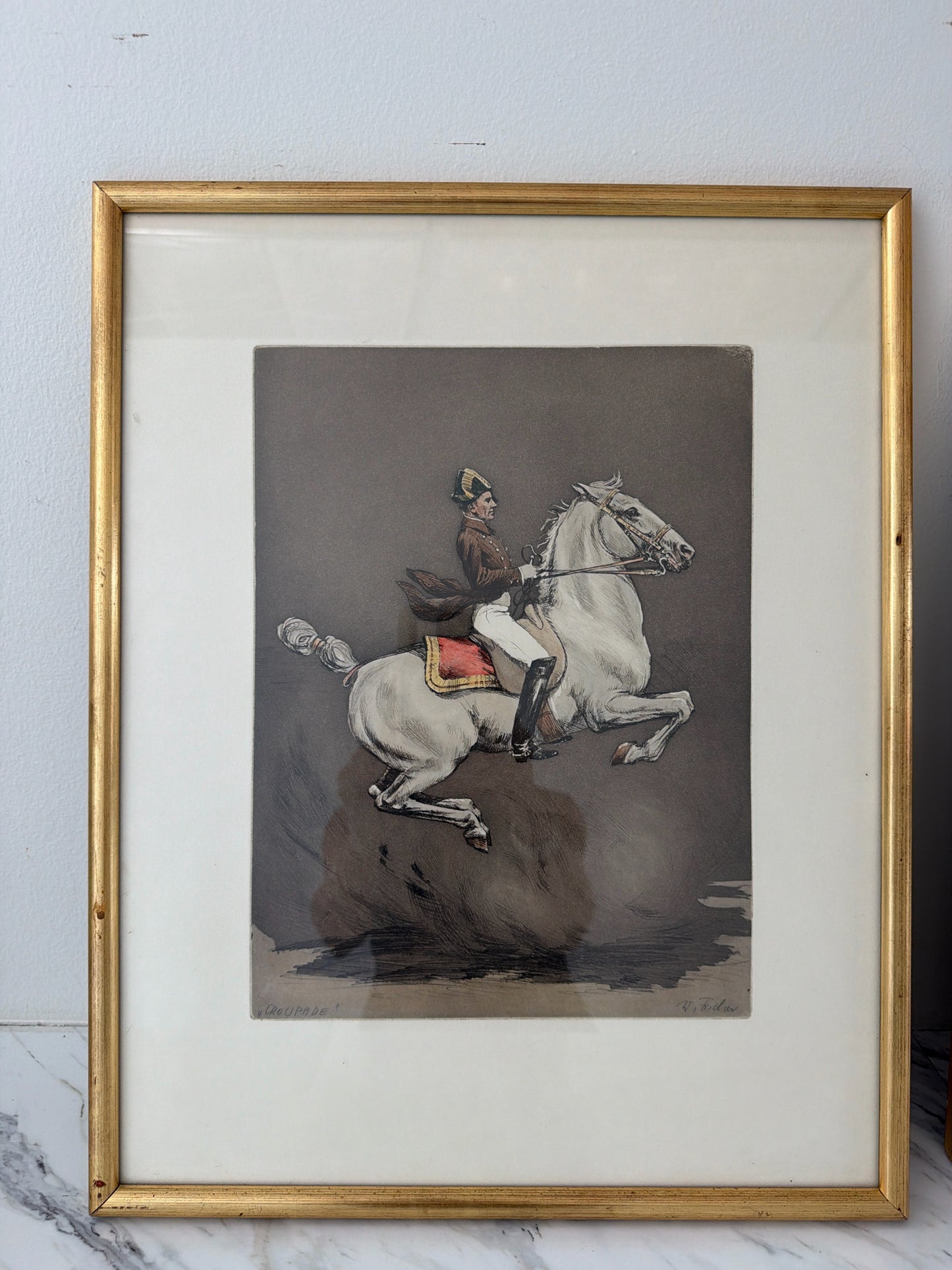 Lithograph of Lizzaner Horse & Spanish Rider Gold Frame 15.5 x 19