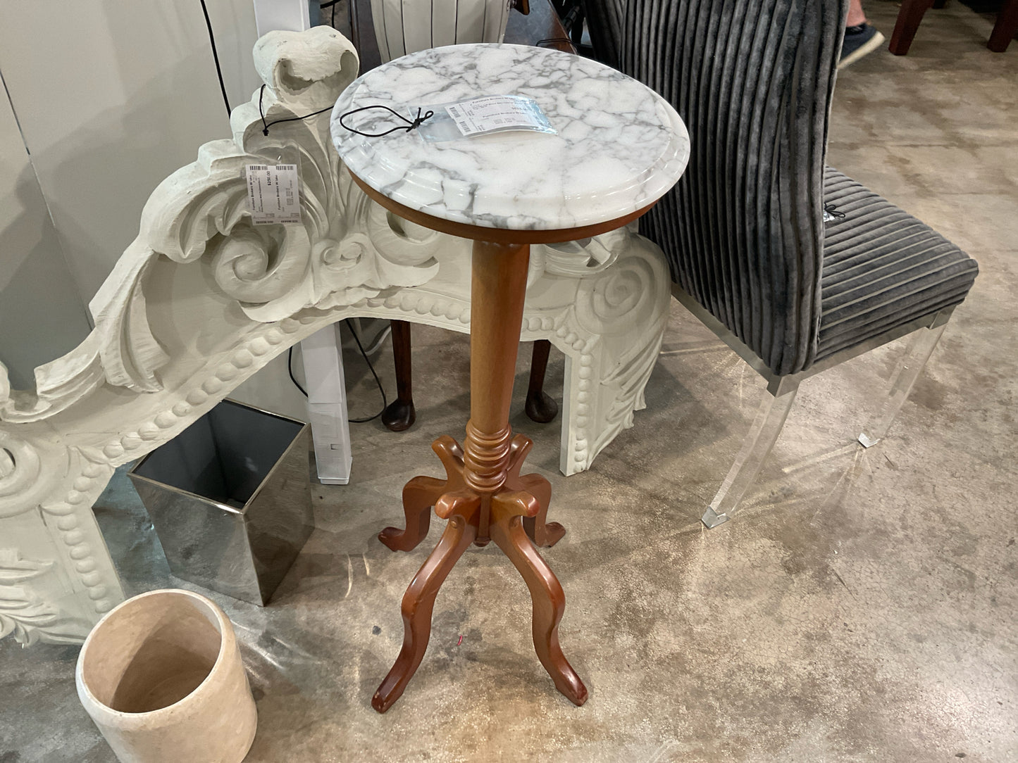 Vintage Tall Wood Side Table w/ Marble Top - 35"H