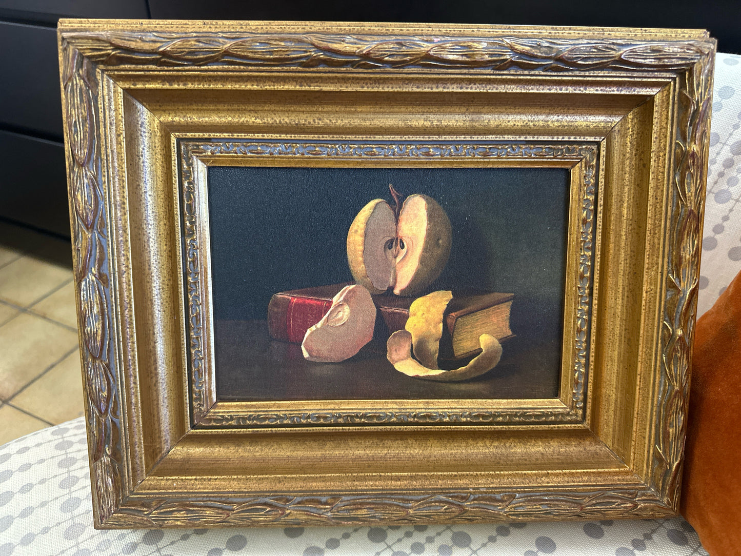 Still Life Apple on Book in Gold Frame 14 x 12