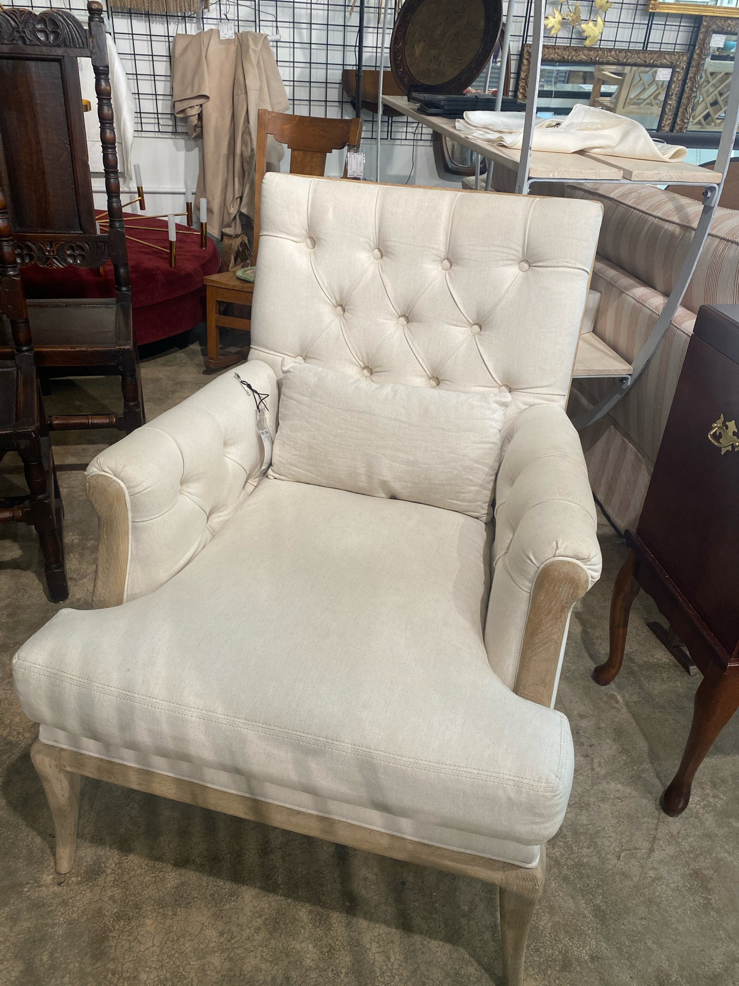 Tufted Off White Linen Style Arm Chair w/ Lumbar Cushion