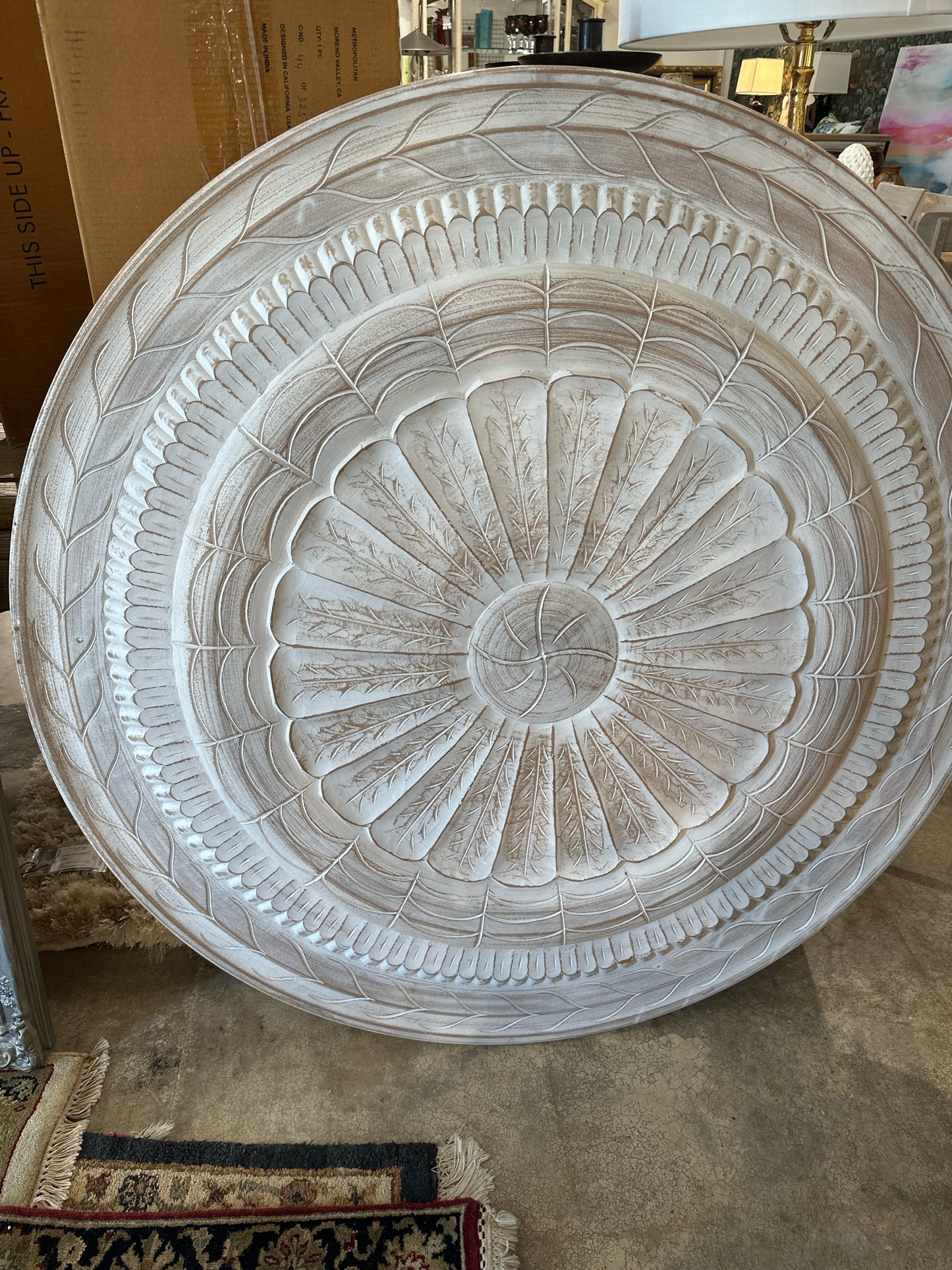 Round Whitewash Wood Floral Carving / Hanging Art 47"(from RoundTop)