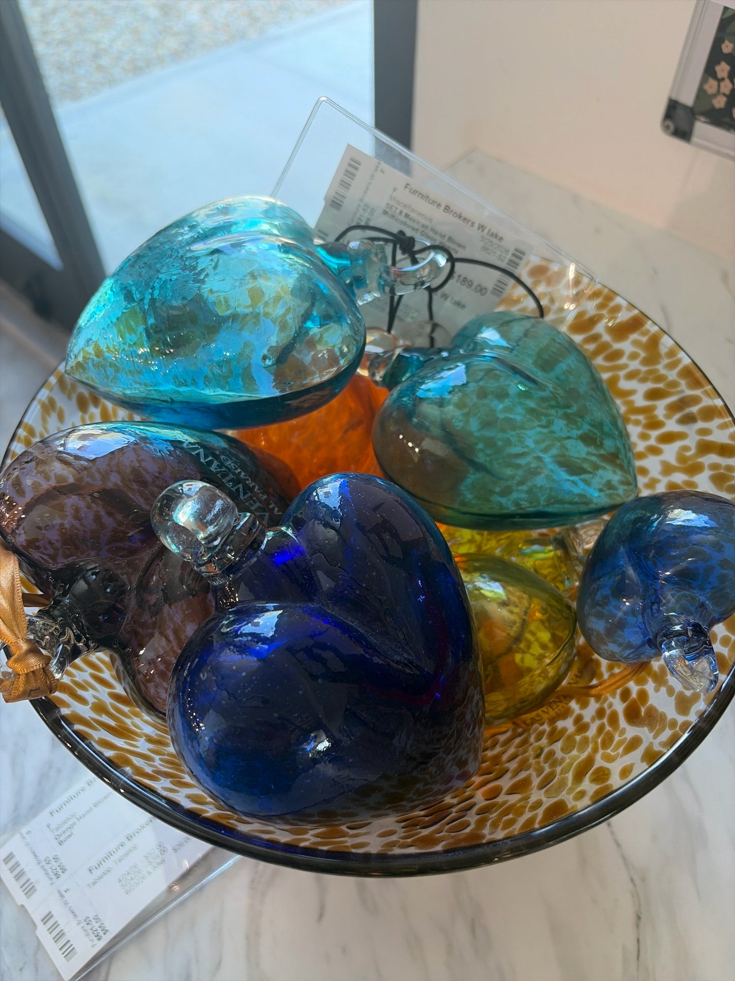 SET 8 Mexican Hand Blown Multicolored Glass Hearts
