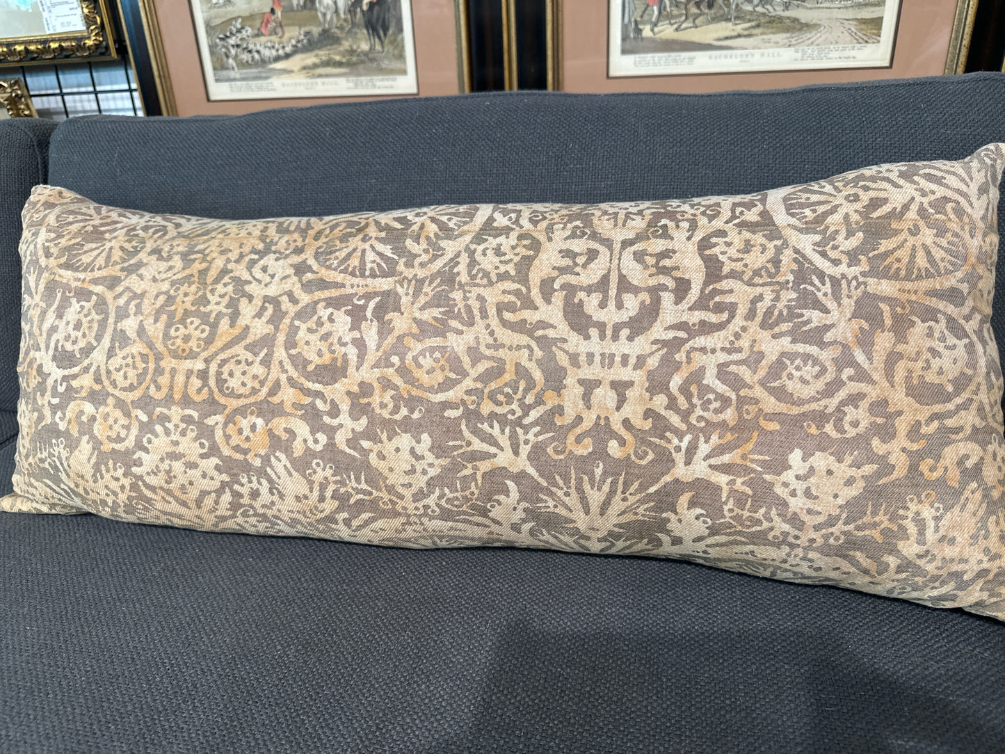 Vintage Fortuny Fabric Lumbar Pillow Tan/Brown