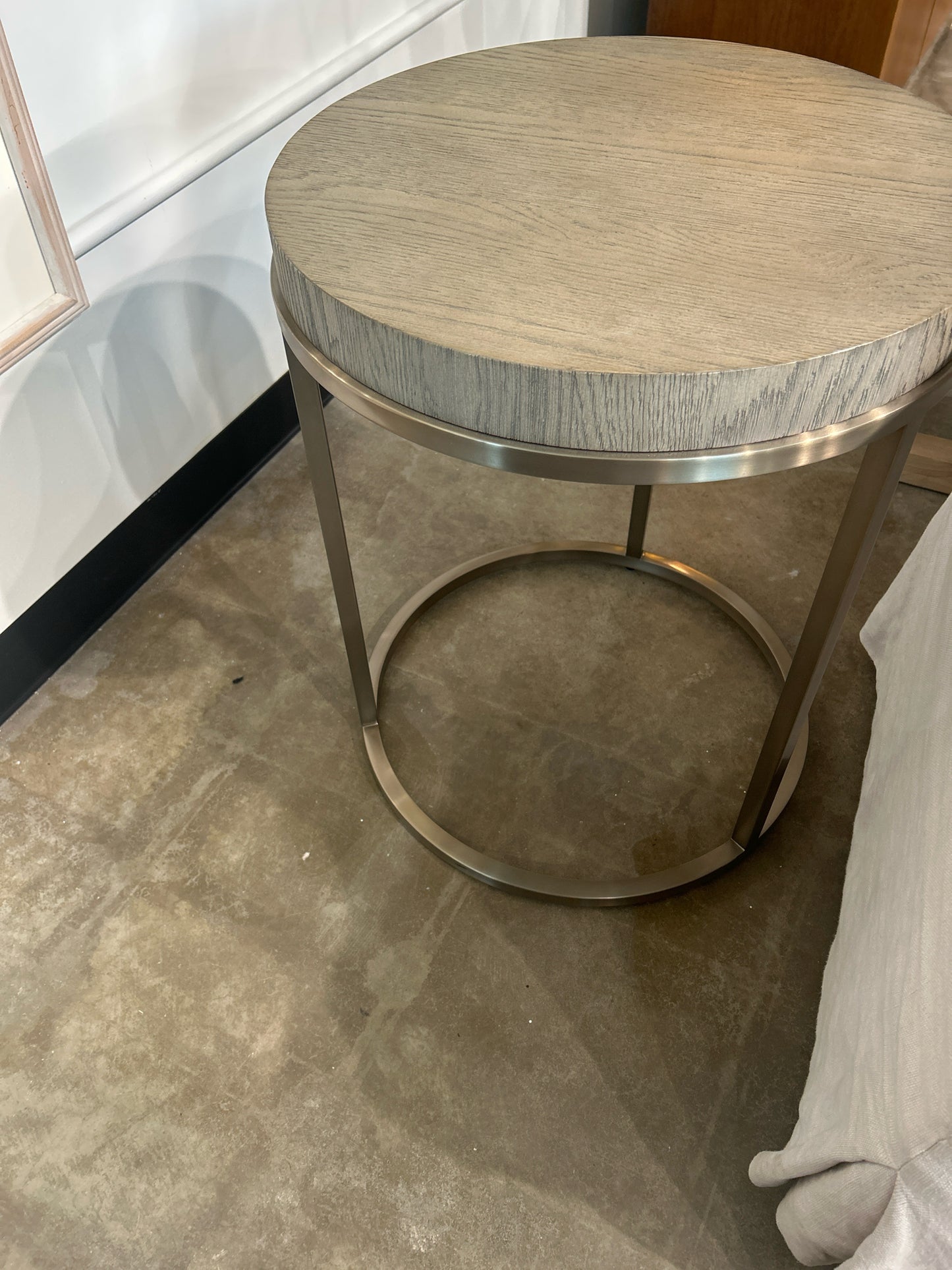 RH "Nicholas" Grey Oak Chrome Legs Round End Table