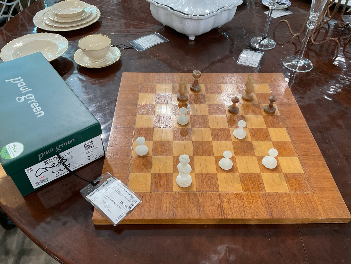 Wood Chess Board w/ Alabaster and Brown Marble Pieces