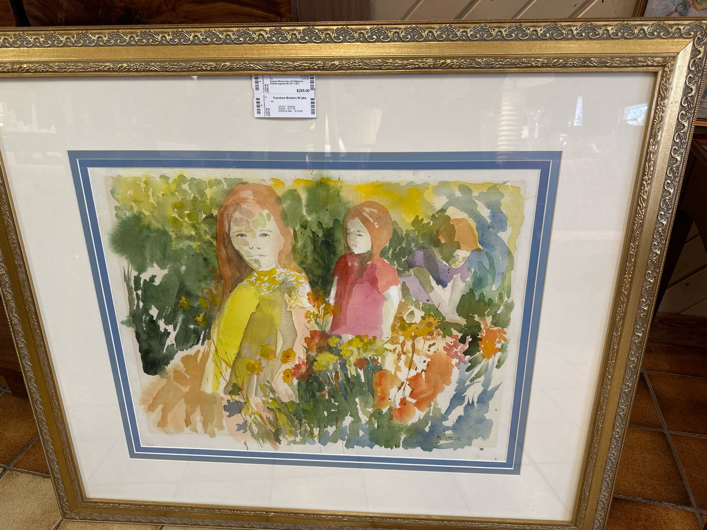 Original Watercolor of Children in Pastels (signed, 40 1/2" x 35")