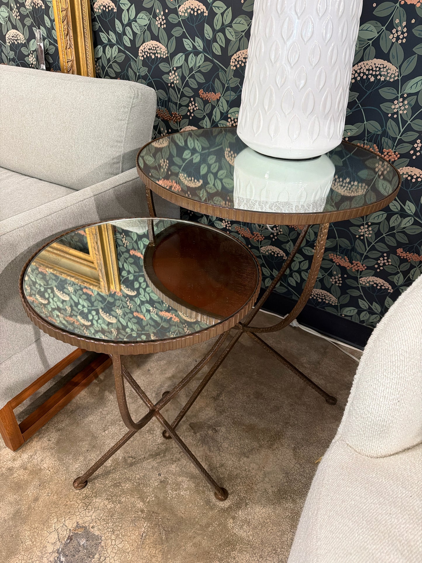 PAIR Crate & Barrel Jules Collect. Round Glass Metal Nesting Side Tables