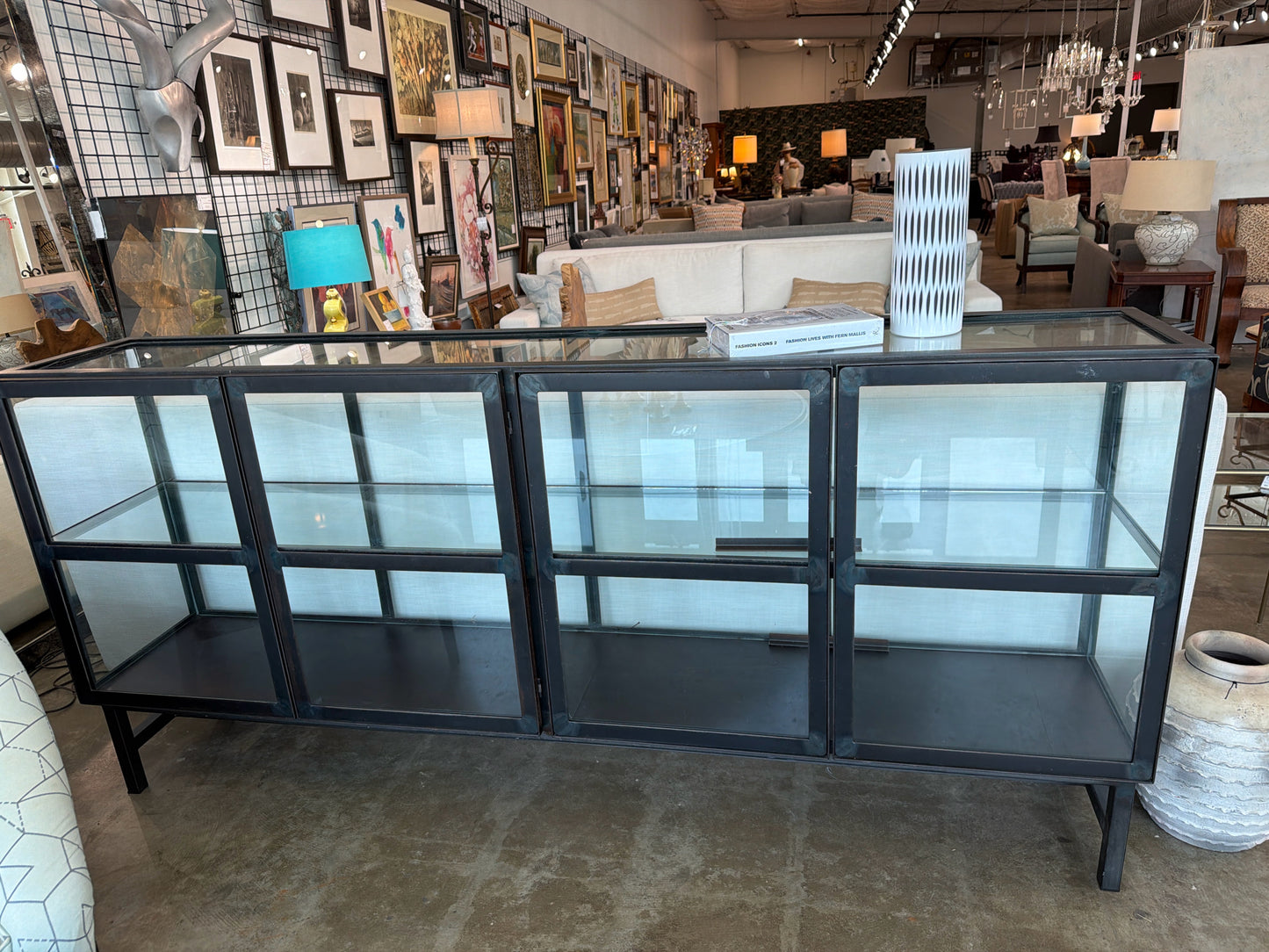 Custom Made Industrial Black Metal/Glass Cabinet 84"w X 16"d X 39.5"h