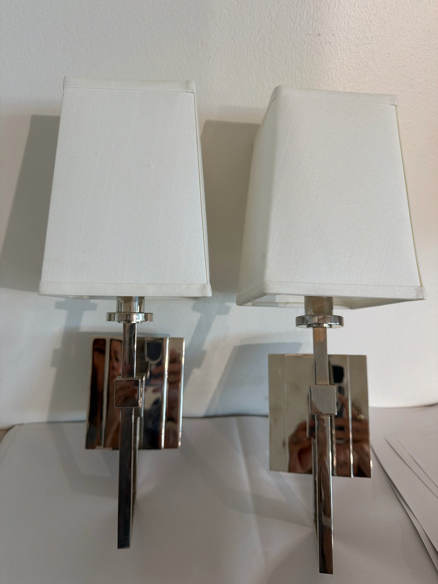 PAIR Polished Nickel Single Light Wall Sconces w/ Shades