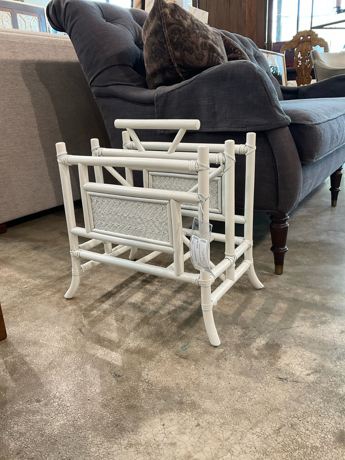 Vintage White Painted Bamboo & Rattan Magazine Rack