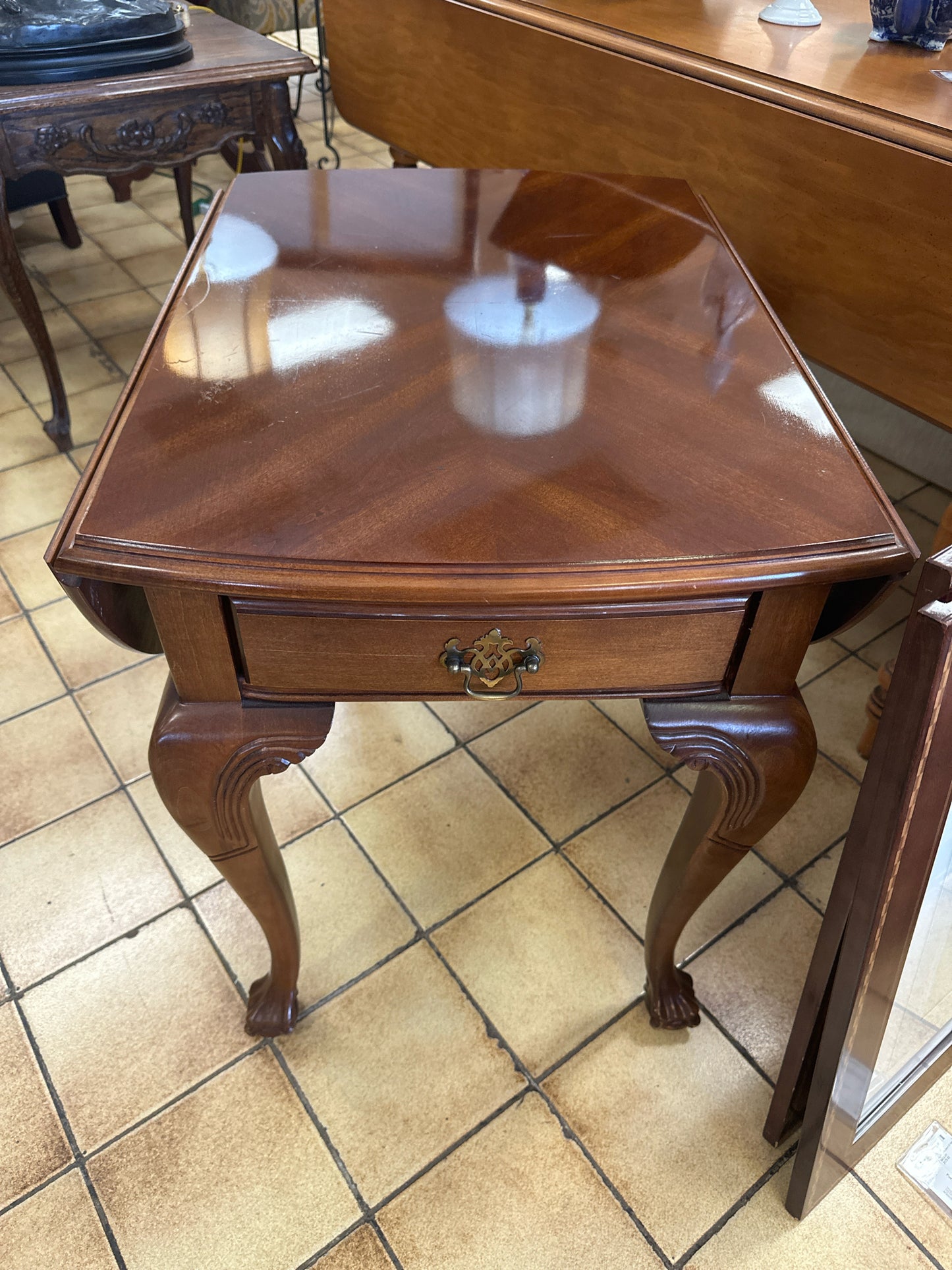 Small Dark Wood Drop Leaf Side Table w/ 1 Drawer