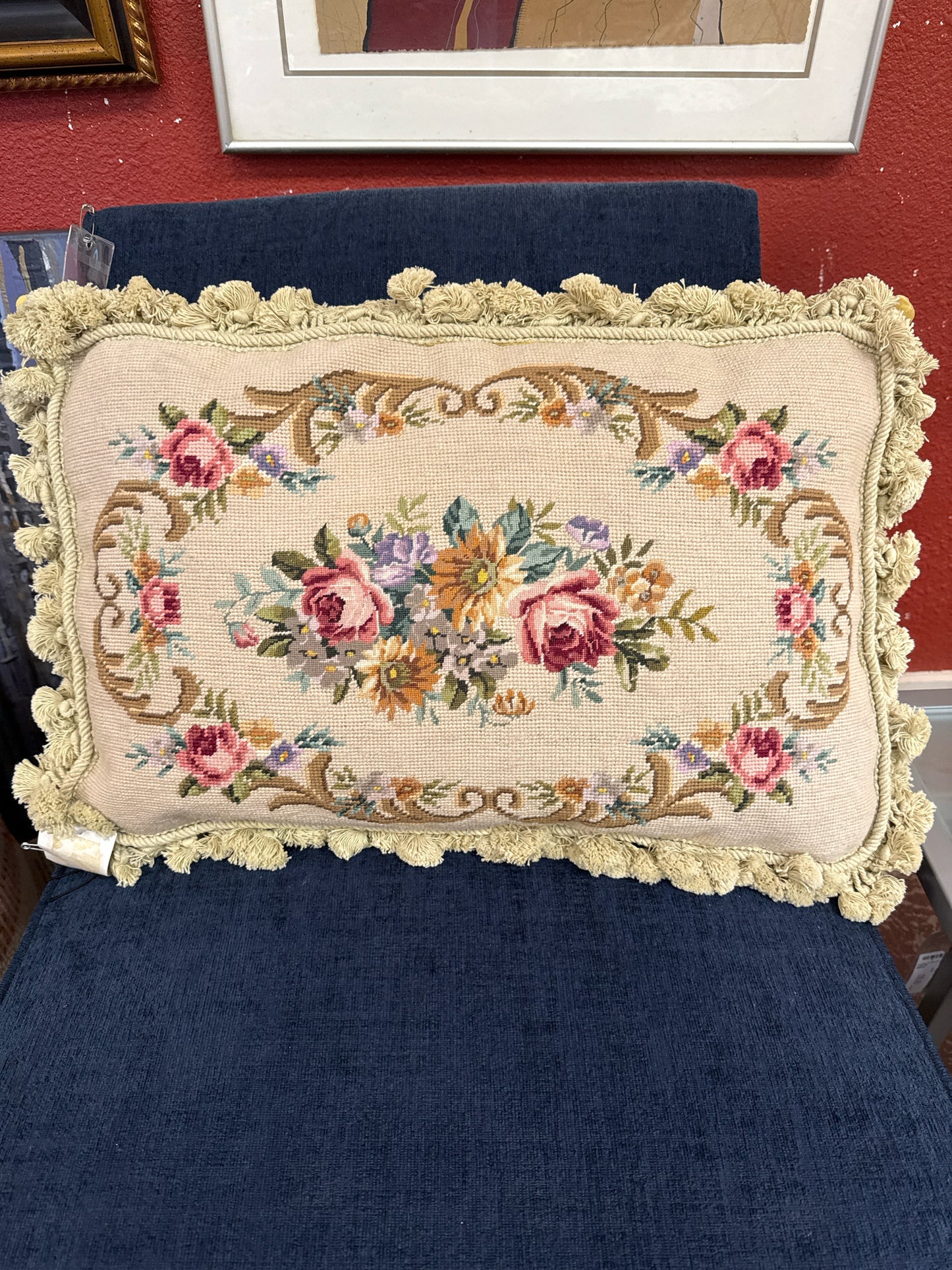 Tapestry Floral Pillow- Retangle Gold Velvet w/ Fringe (25x25)