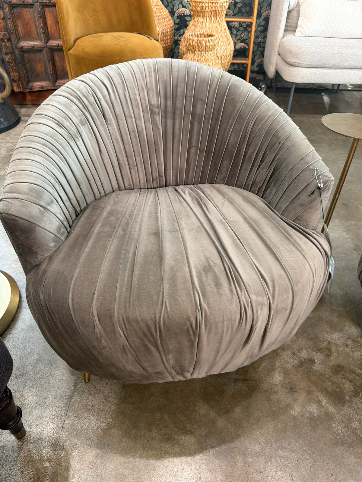 Round Pleated Velveteen Chair in style of Kelly Wearstler 25Hx26Wx19D