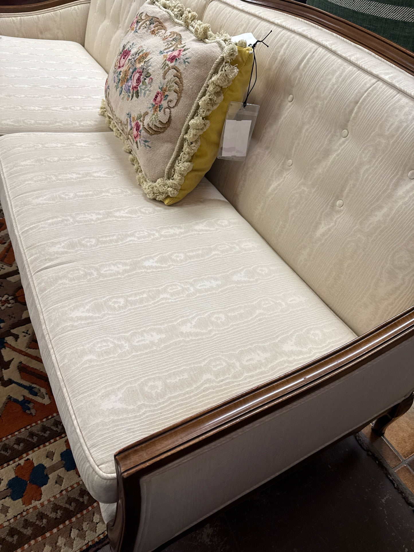Vintage French Cream Silk Carved Wood Couch w/2 Cushions