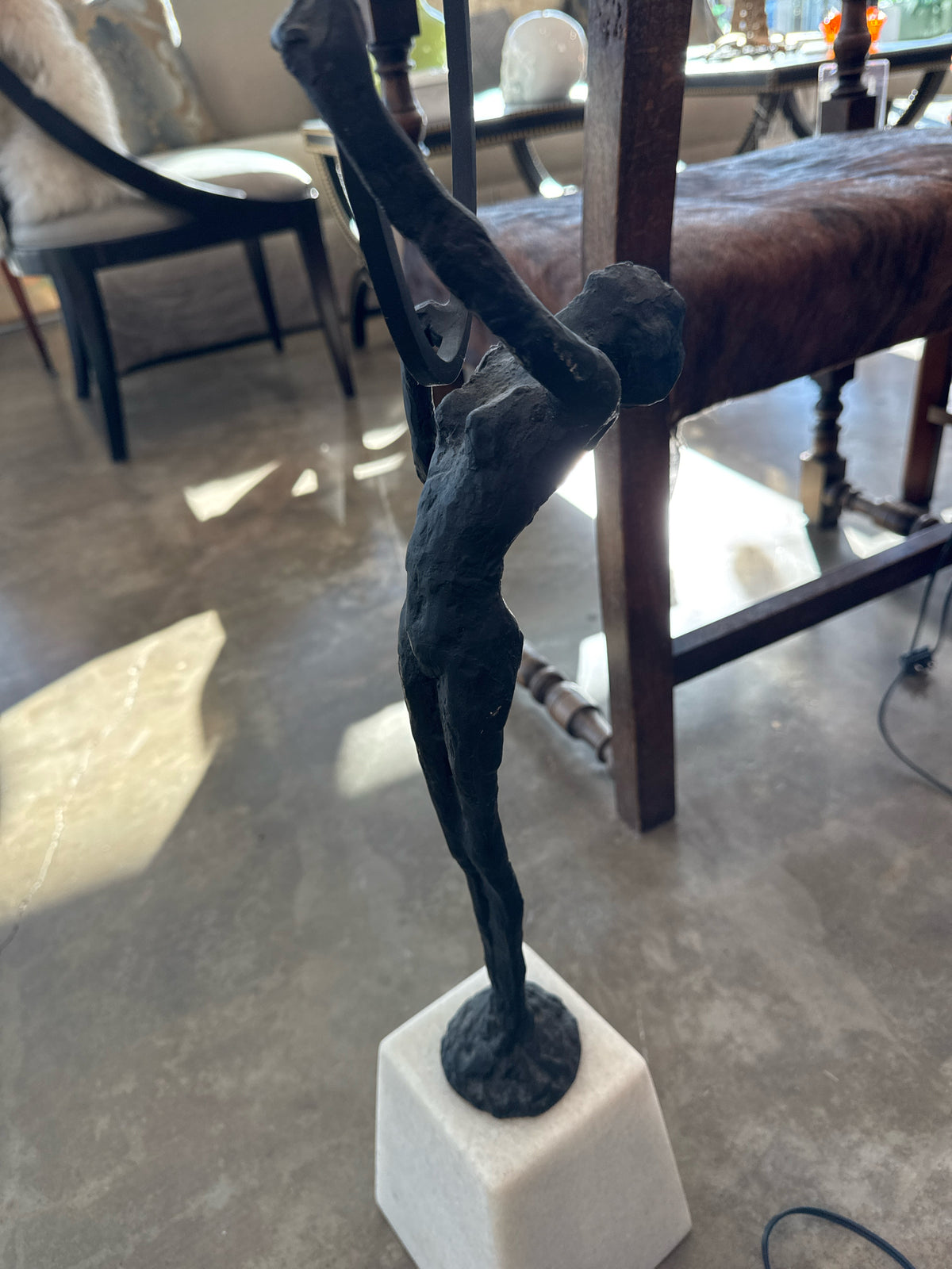 Vintage Bronze Standing Woman on Marble Base, Crystal Bowl (Alberto Giacometti?)