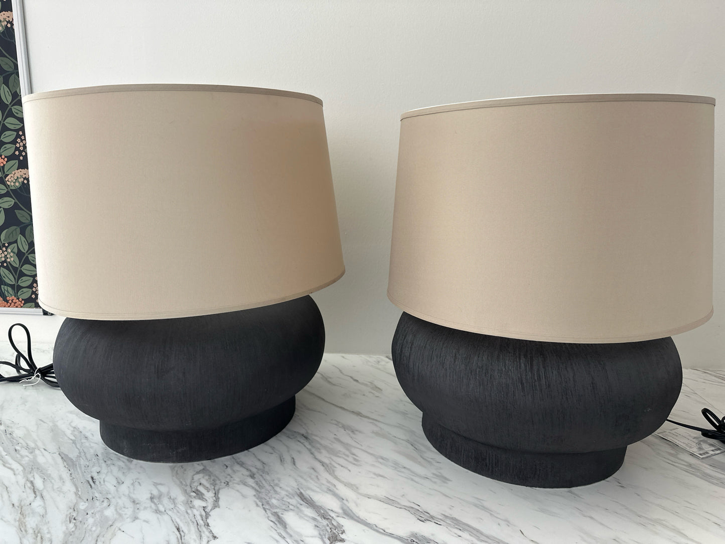 PAIR Four Hands Round Black Lamps w/ Tan Shades