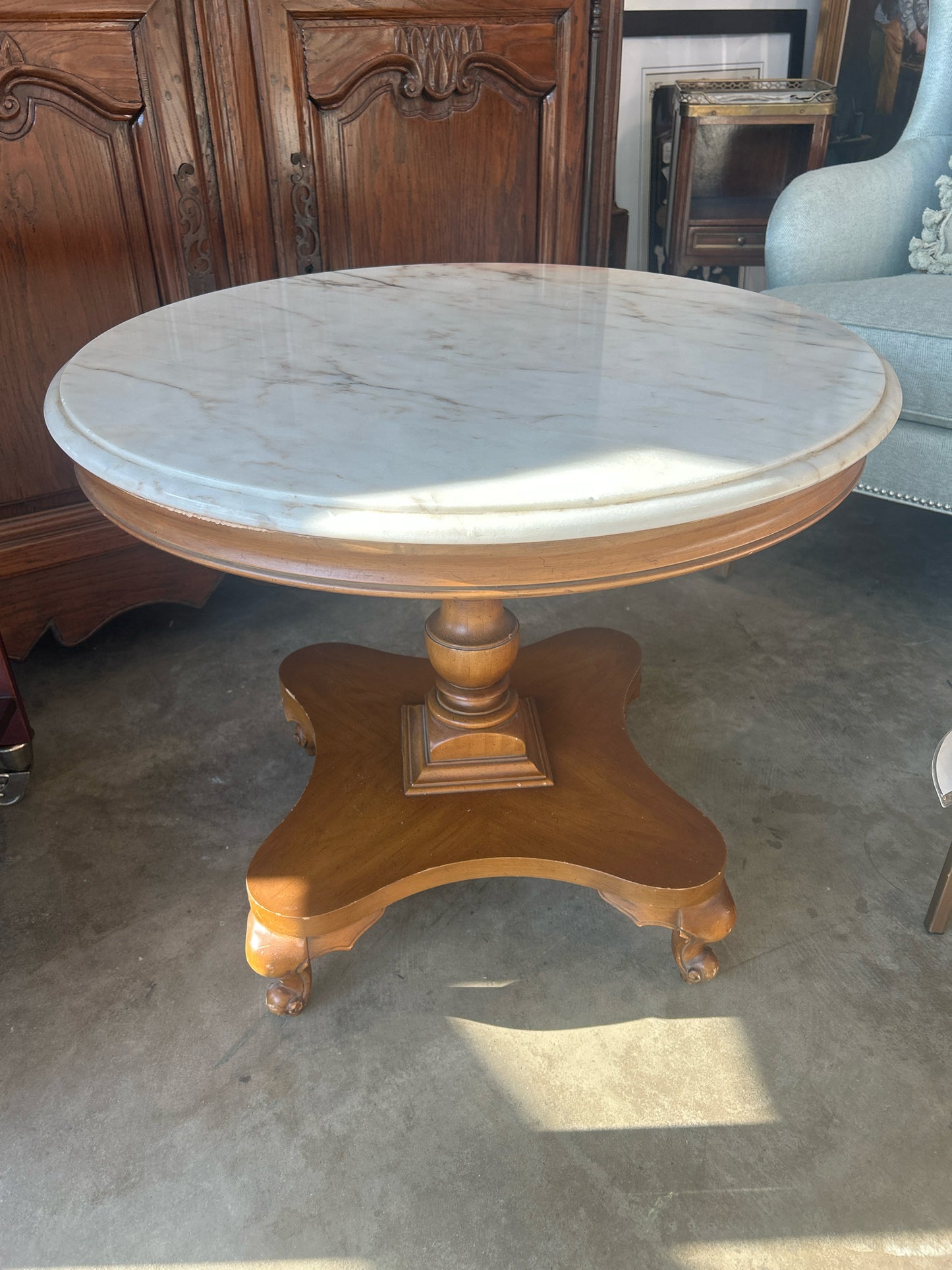 Vintage Round Marble Top Table With Wood Base 28" W x 24" T
