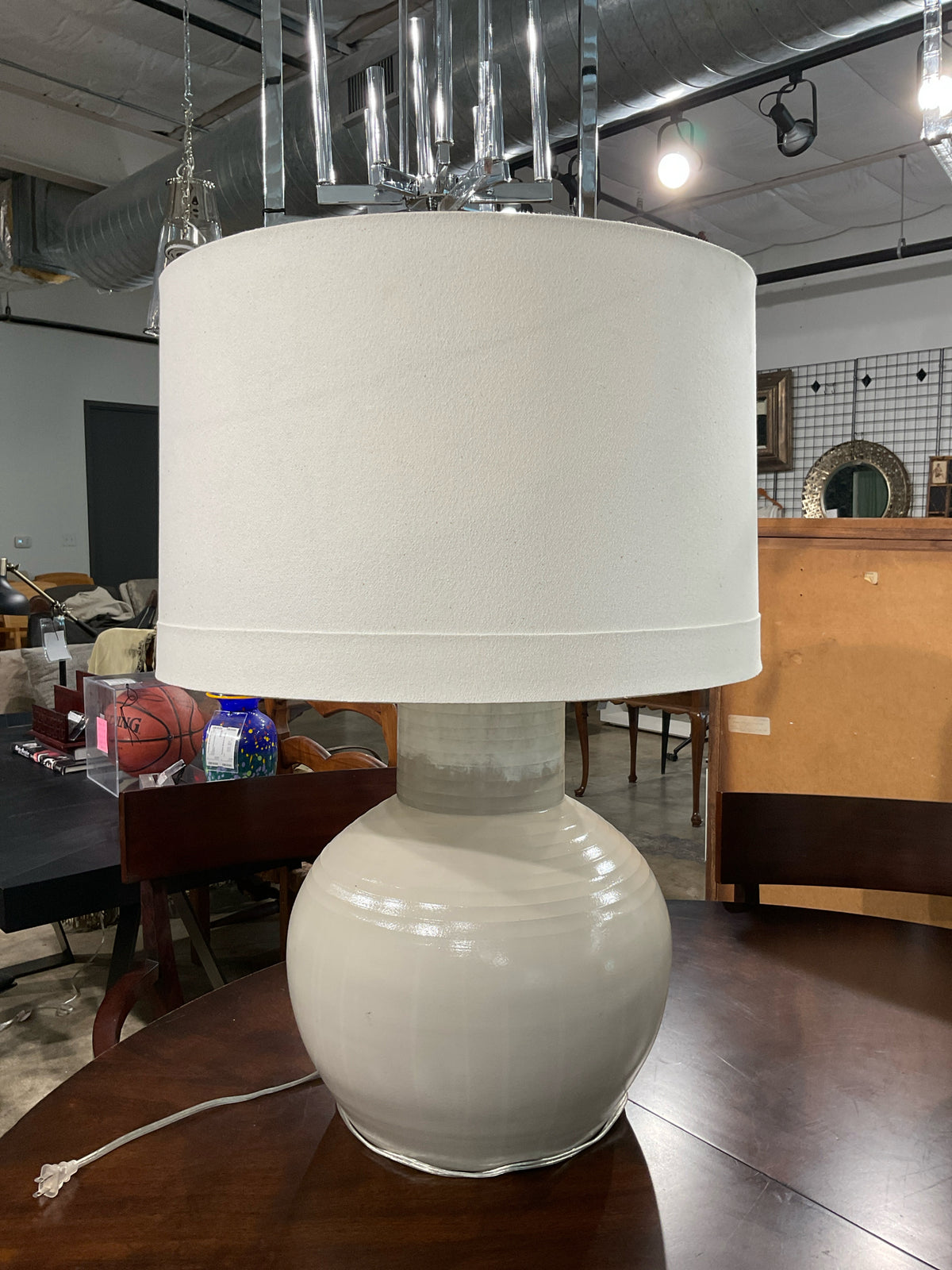 Two-White on Lt. Gray Table Lamp w/24"Dia Shade