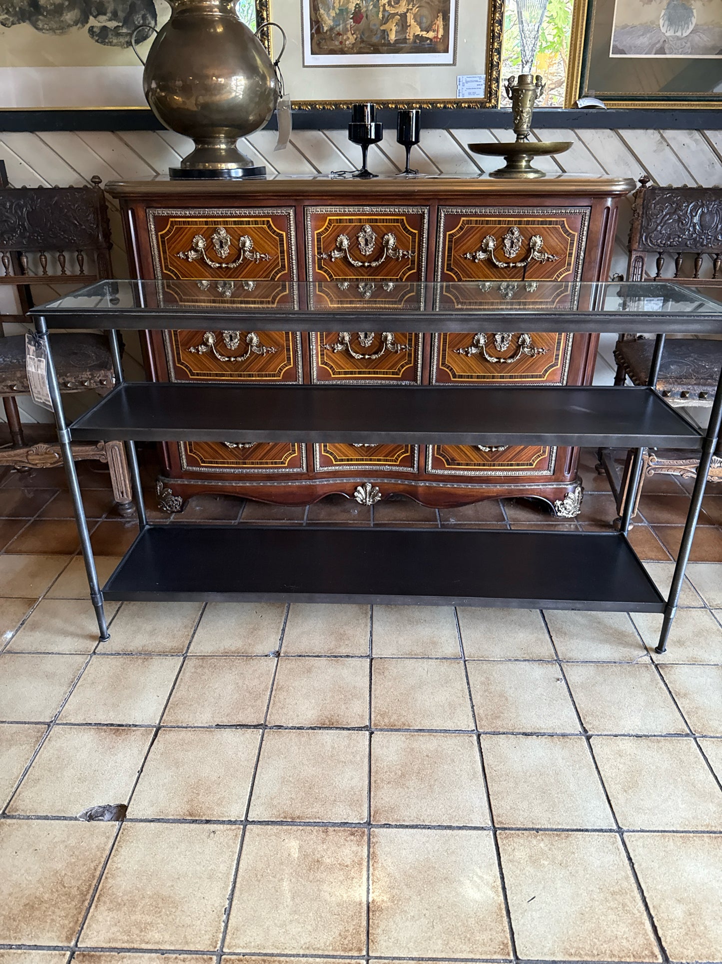 Iron 3 Tier Console Table with Glass Top