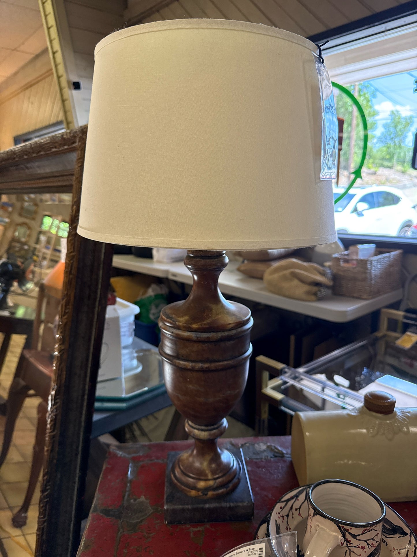 Marble Base Lamp w/Cream Linen Shade w/Crystal Finial