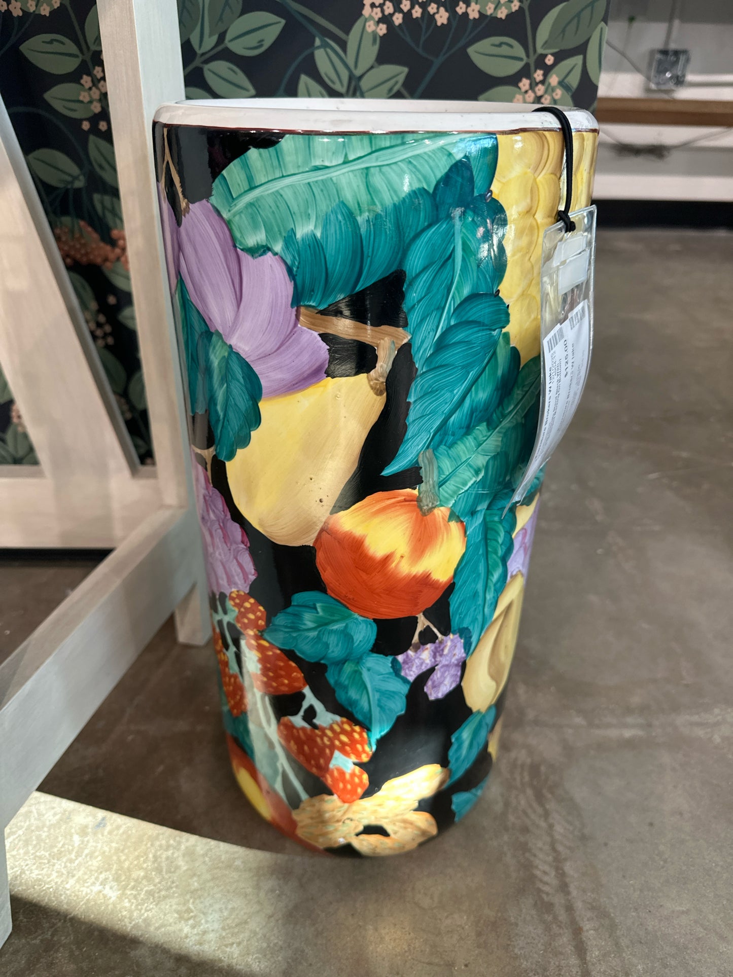 Vintage Umbrella Stand Black With Fruit (Stamped Marking On Bottom)