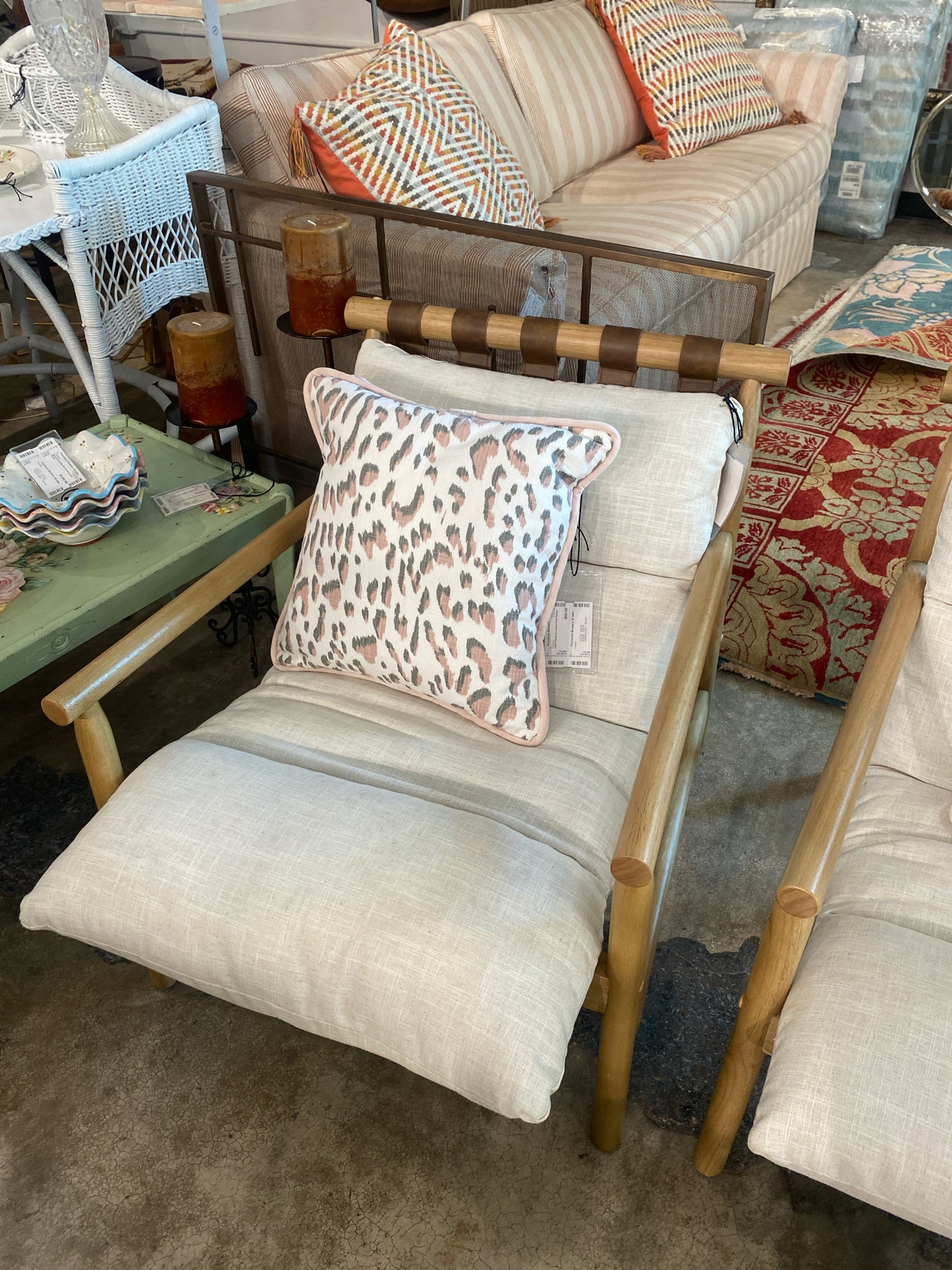 Light Oak Frame Linen Slingback Style Chair from 'Chairus" w/ Leather Back