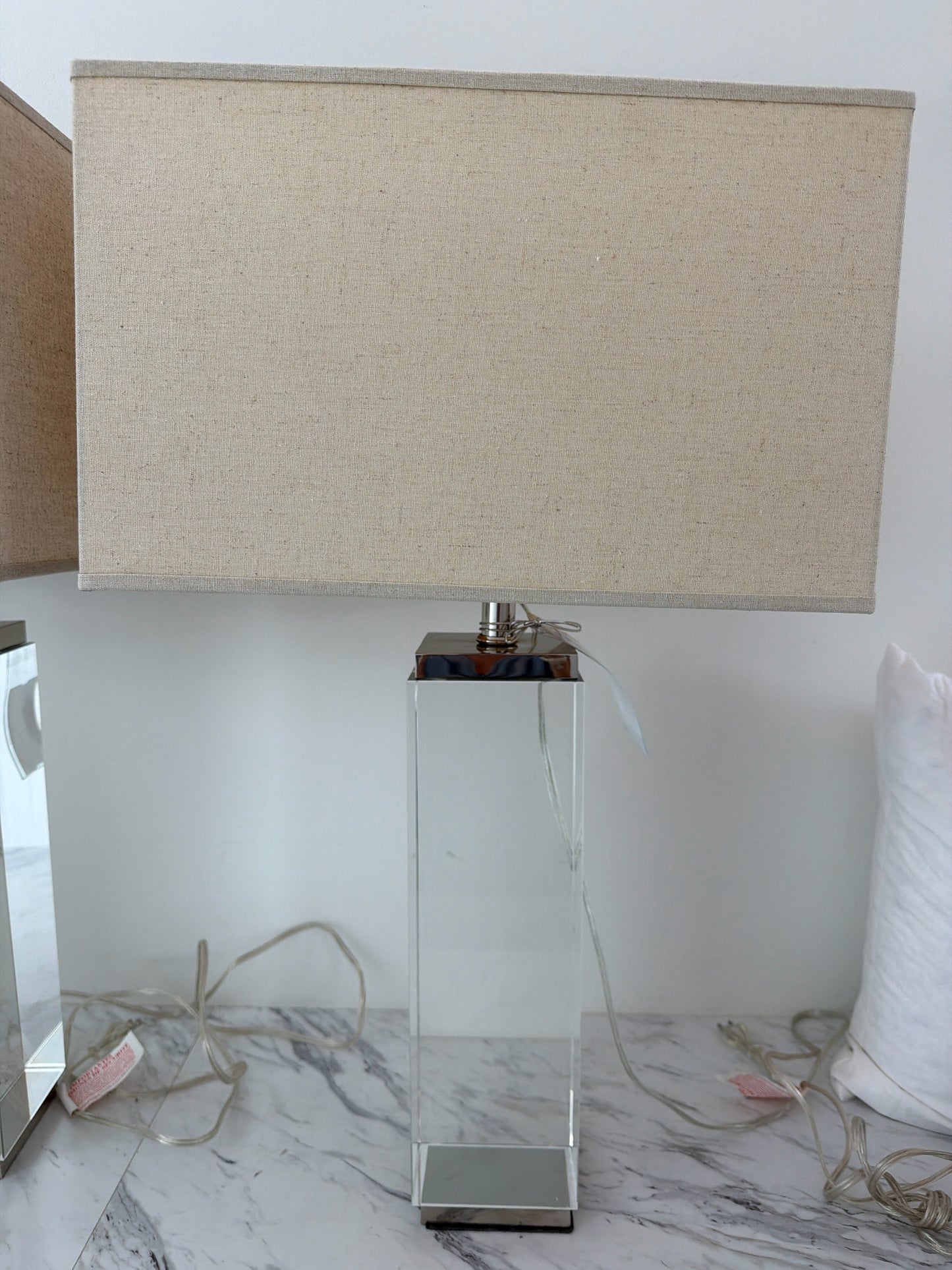 RH Square Column Crystal Table Lamp - Polished Nickel 29"H w/ Sq Linen Shade