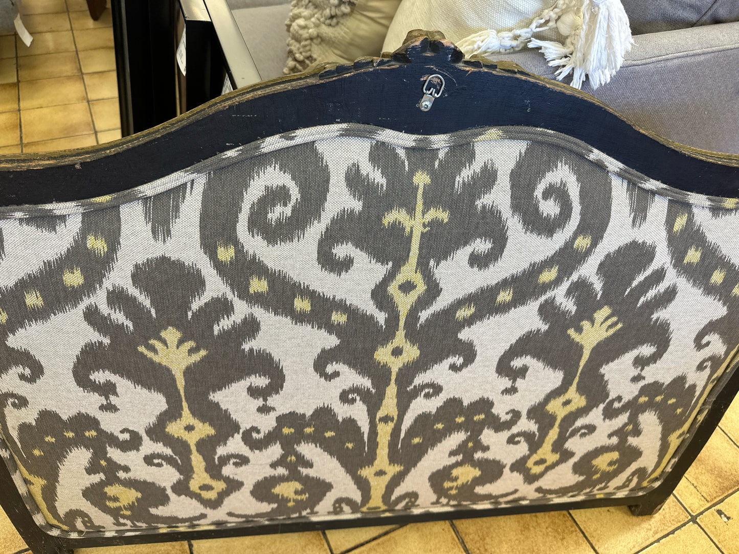 Antique French Twin HB w/ Grey/Yellow Ikat Upholstery