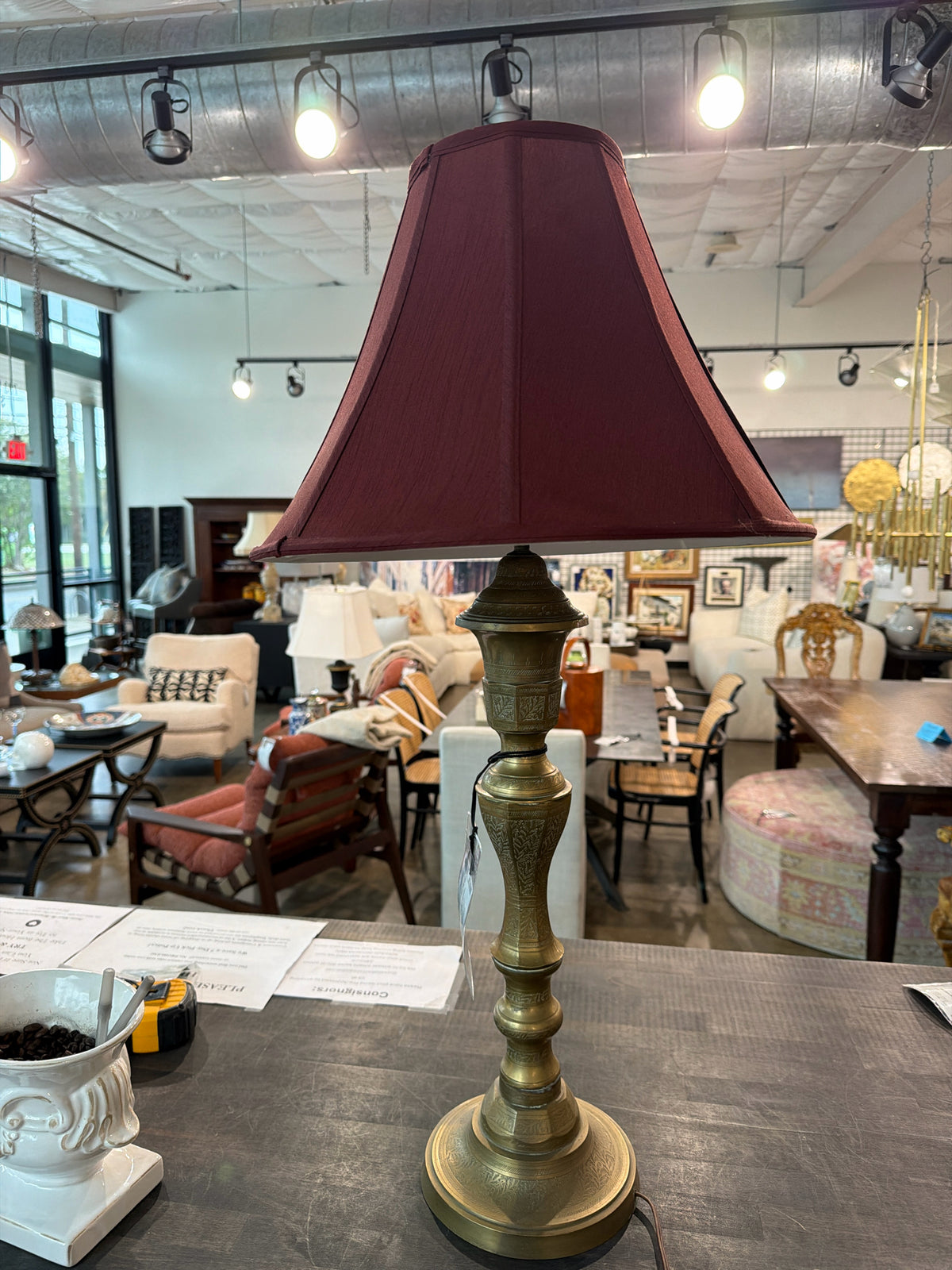 Moorish/Moroccan Turned Metal Lamp w/ Red Silk Shade