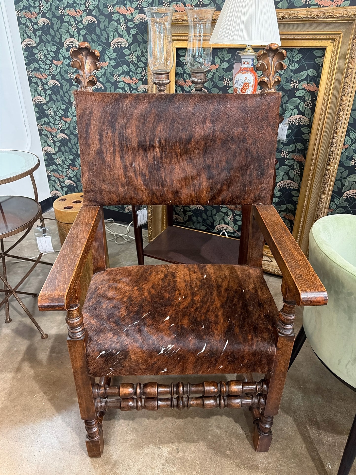 Pair Antique-19th Century Spanish Accent Chairs w/Cowhide Seat/Back